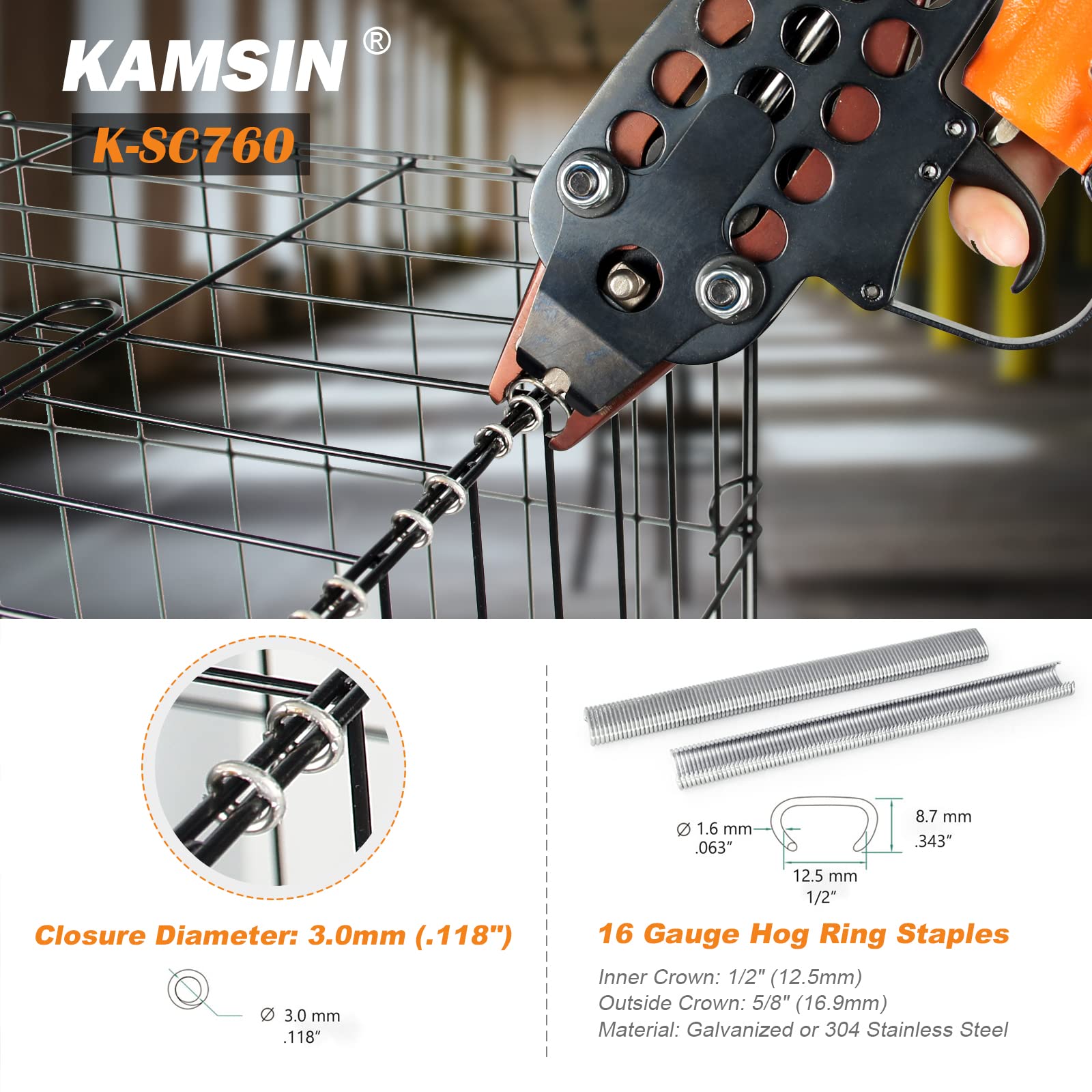 **K-SC760 16 Gauge 1/2-Inch Pneumatic Hog Ring Gun – Automatic Hog Ring Pliers for Fencing & Cages – 3.0-4.8mm Closure Diameter – Heavy-Duty Hog Ring Tool for DIY, Upholstery & Wire Mesh Projects**