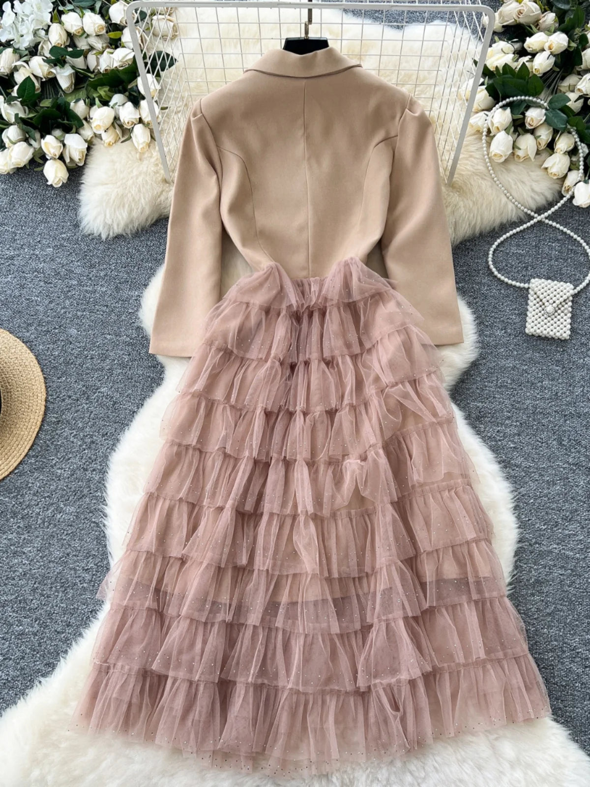 2024 Autumn Black Mesh Patchwork Sequin Elegant Long Sleeve Slim Dress for Women | Korean Style High Waist Cake Dress in Khaki | Perfect for Parties, Weddings & Evening Events