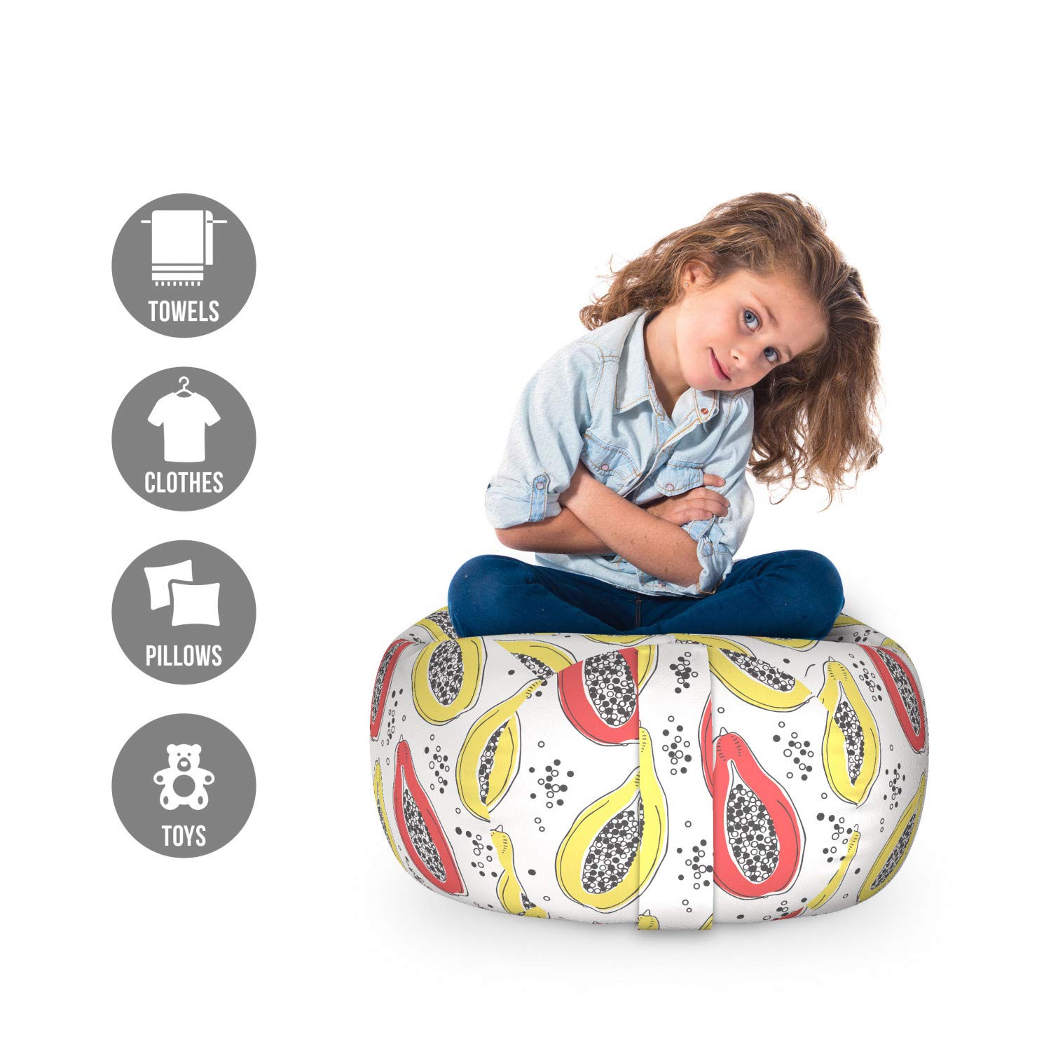 Ambesonne Tropical Storage Toy Bag Chair - Exotic Papaya Fruit Pattern in Pink & Yellow, Washable Stuffed Animal Organizer for Kids' Room, Nursery or Playroom | Small Size Toy Storage Solution