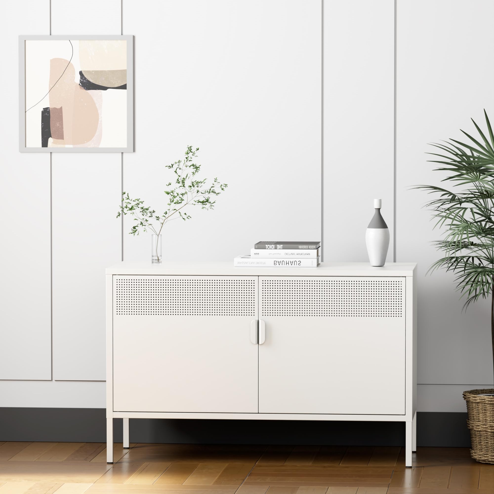 2 Door White Metal Storage Cabinet with Adjustable Shelf - 2-Tier Office & Home Organization Cabinet - Multipurpose Metal Locker for Bedroom, Living Room, Entryway (25