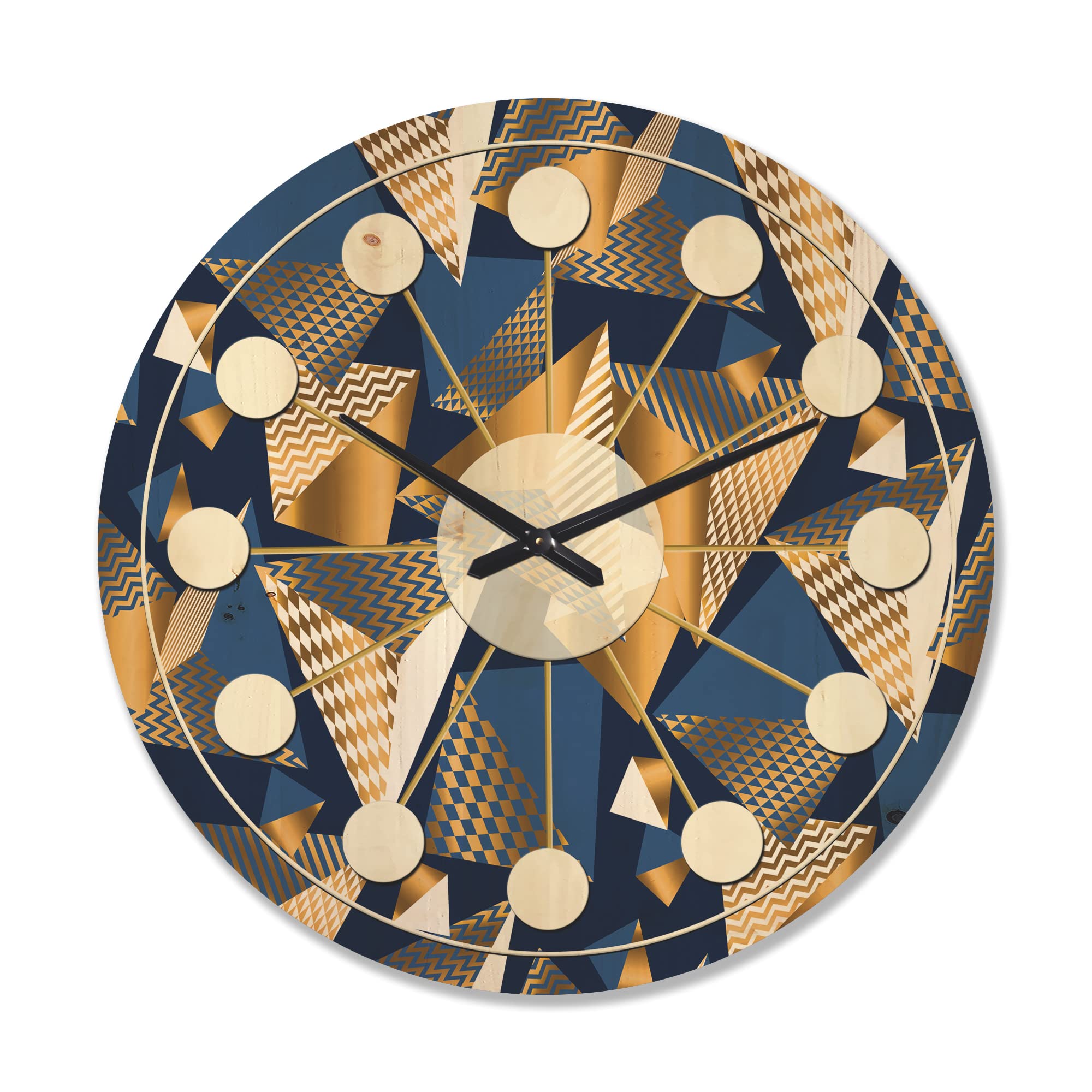DesignQ 'Blue and Gold Cubes' Large Mid-Century Modern Wood Wall Clock - Oversized Decorative Wooden Clock for Living Room, Bedroom & Office Décor | Perfect for Home, Office & Vintage Style Interiors