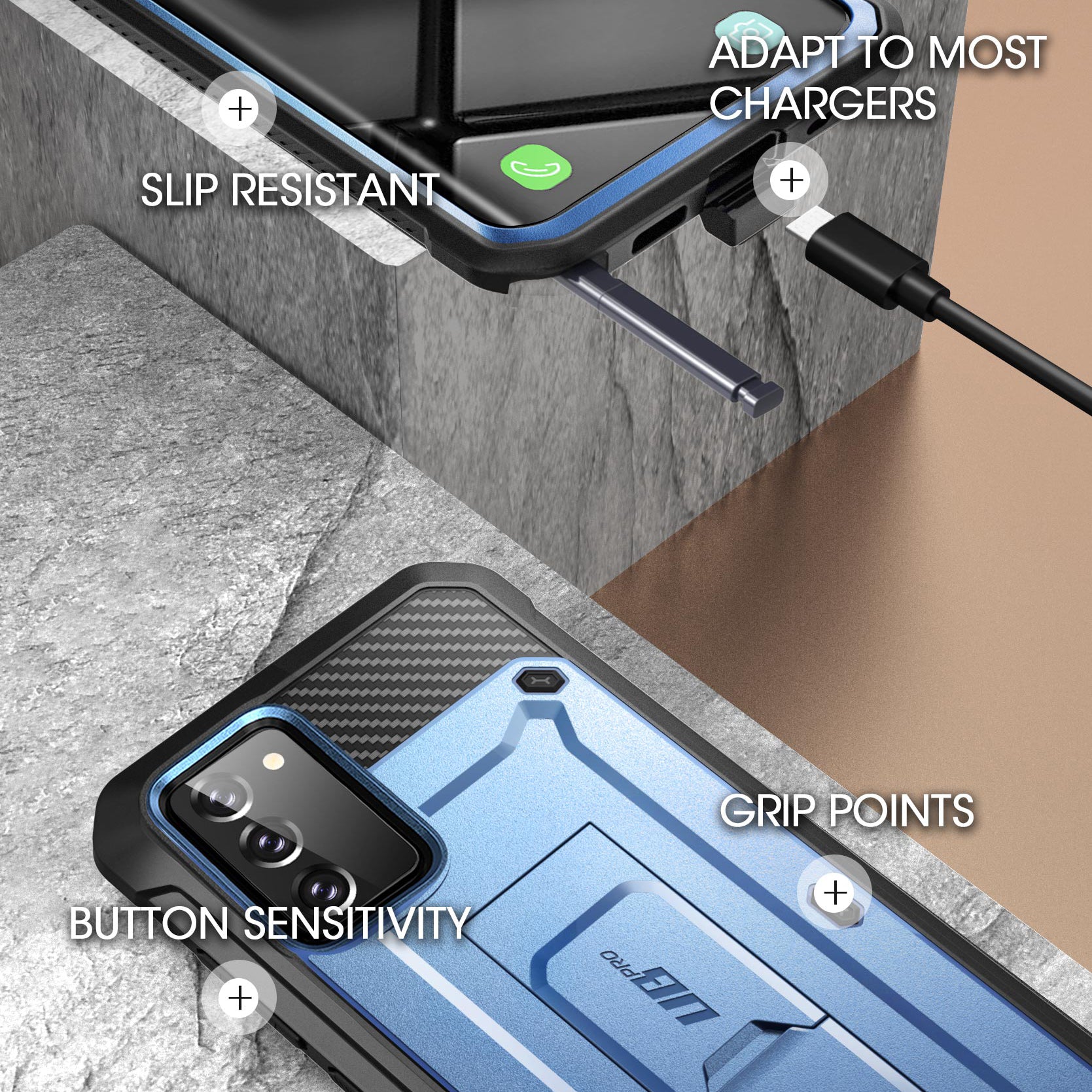Samsung Galaxy Note20 Unicorn Beetle PRO Rugged Holster Case - Heavy Duty Shockproof Protection with Built-in Screen Protector & Kickstand (Metallic Blue) - Perfect for Construction, Outdoor Work & Extreme Sports