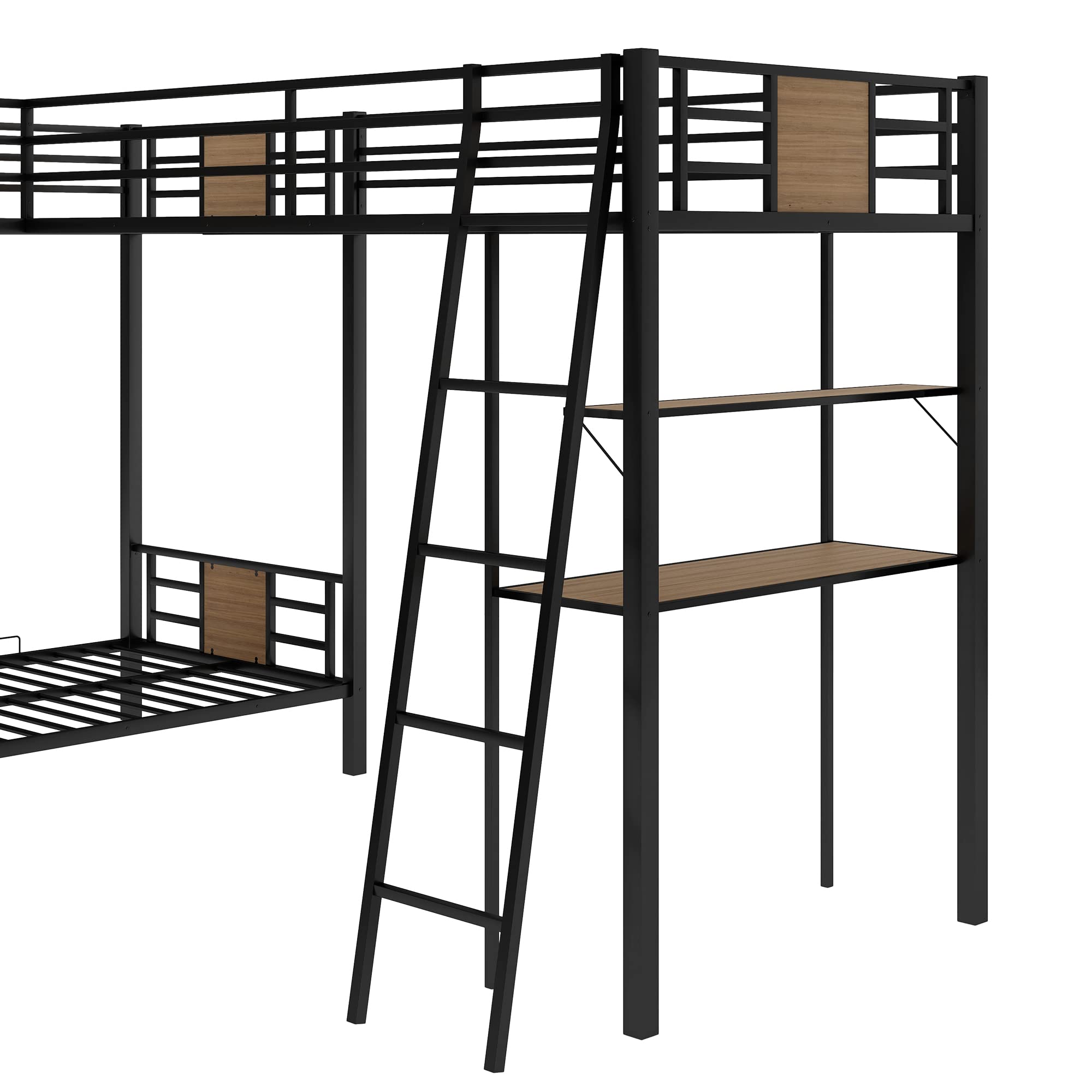 Sturdy Metal L-Shaped Triple Bunk Bed with Twin Over Twin & Loft Bed - Includes Built-in Desk & Shelves - Space-Saving 3-Tier Bunk Bed for Kids, Teens & Adults - Brown Finish - Perfect for Small Bedrooms, Dorms & Shared Kids' Rooms