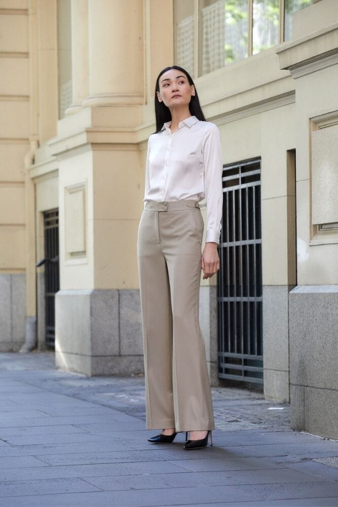 Emma Wide Leg Pants - Sand Wool Trousers for Women | Comfortable & Stylish Casual Wear for Office, Travel & Everyday Outfits