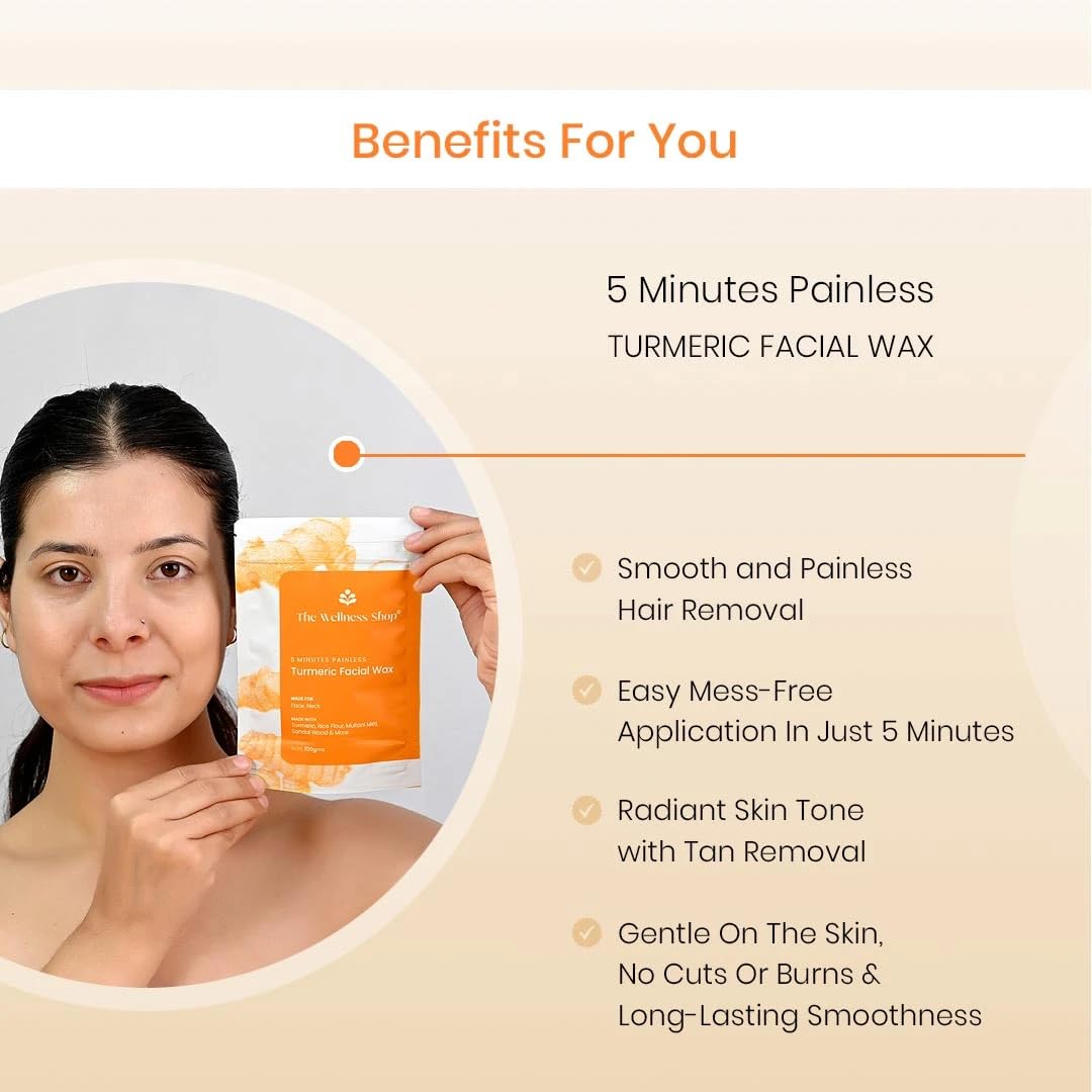 Turmeric Facial Wax Powder for Painless Hair Removal - 100% Natural & Chemical-Free, No Irritation or Skin Rashes - Easy At-Home Waxing Kit (100g) | Perfect for Smooth Skin & Facial Hair Removal at Home