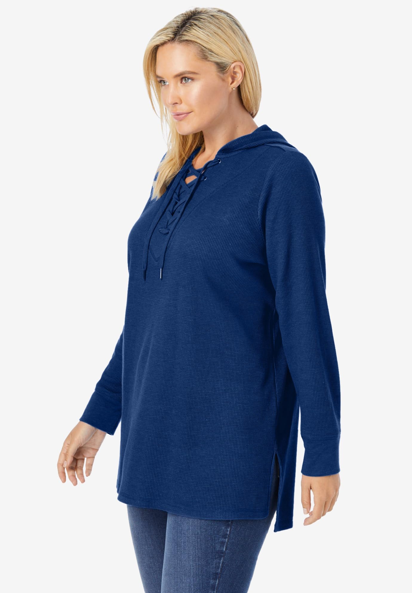 Woman Within Women's Plus Size Waffle Thermal Hoodie with Lace-Up Front - Cozy Winter Layering for Outdoor Activities & Casual Wear