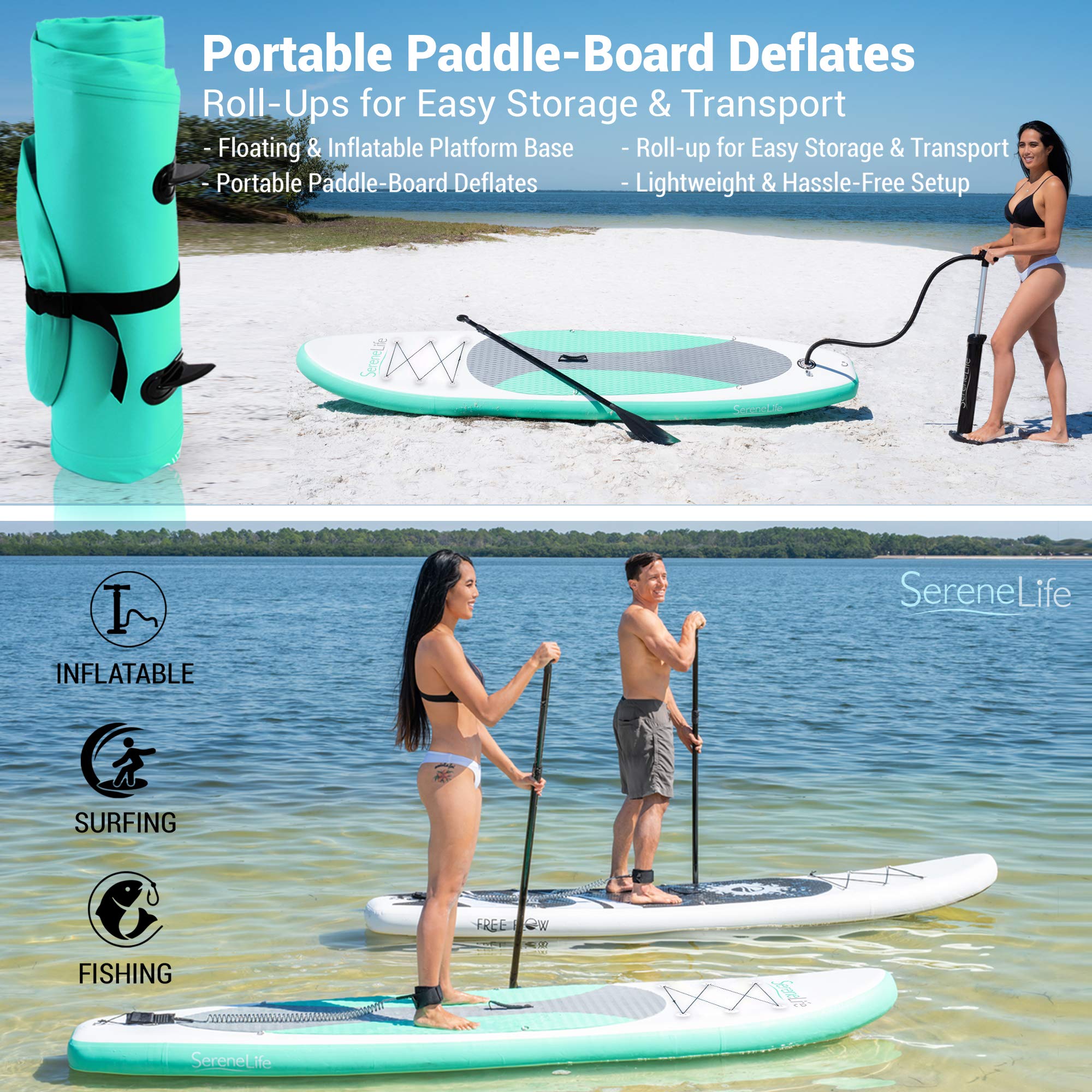 SereneLife Inflatable Stand Up Paddle Board - Ultra Stable SUP for Adults & Kids with Non-Slip Deck, Premium Paddle Board Accessories, Carry Bag, Dual Action Pump, Paddle & Ankle Leash - Perfect for Lakes, Rivers & Ocean Recreation