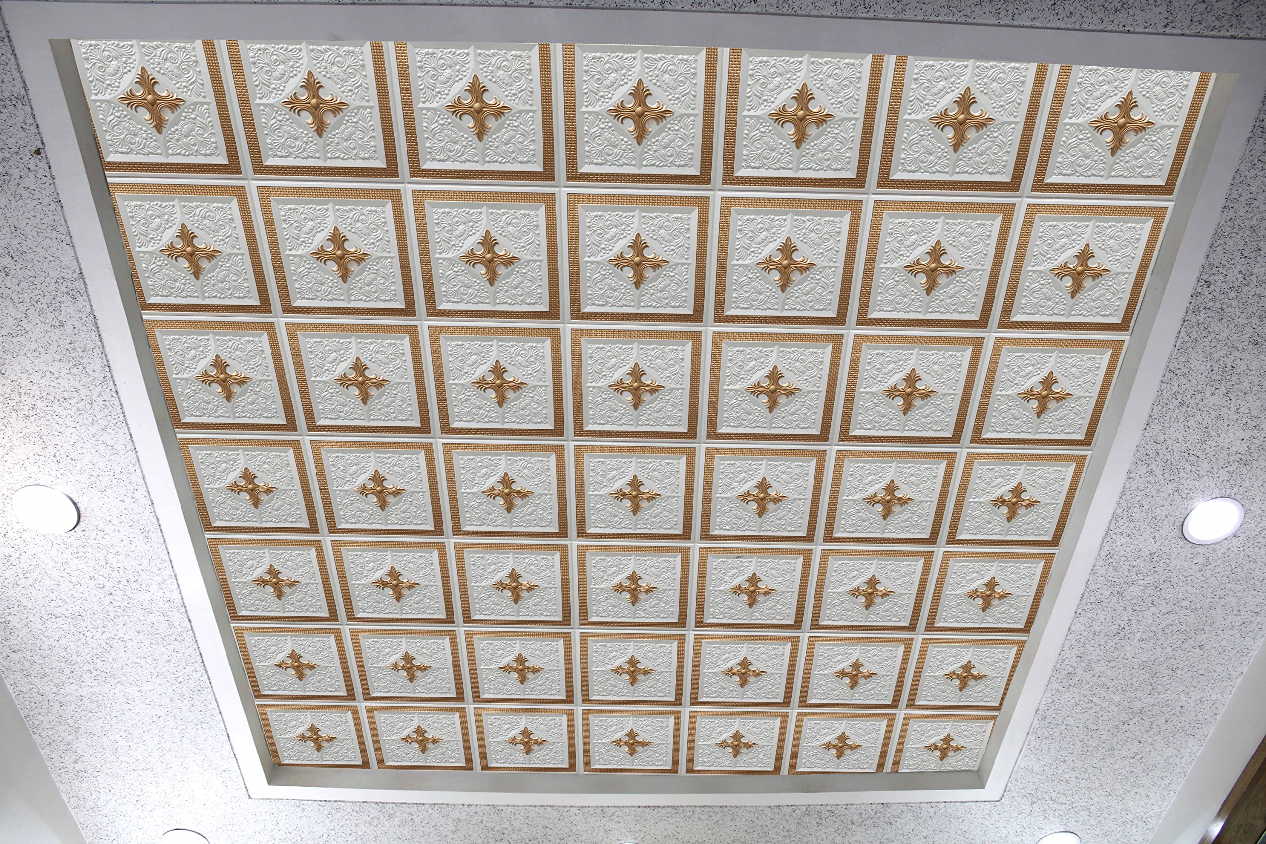 Dundee Deco Modern Floral Pearl White Gold PVC 3D Ceiling Tiles - 2ft x 2ft (60cm x 60cm) Glue Up or Lay in Panels - Pack of 10 for Home & Office Decoration - Perfect for Bedroom, Living Room, and Commercial Spaces