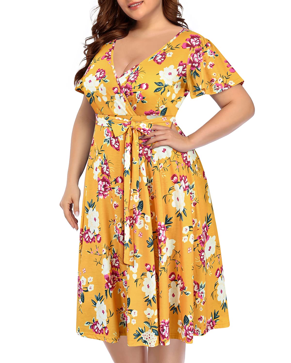 Plus Size Pinup Fashion Women's Cocktail Dress - Semi Formal Wrap Empire Waist Midi Dress for Wedding Guest & Special Occasions
