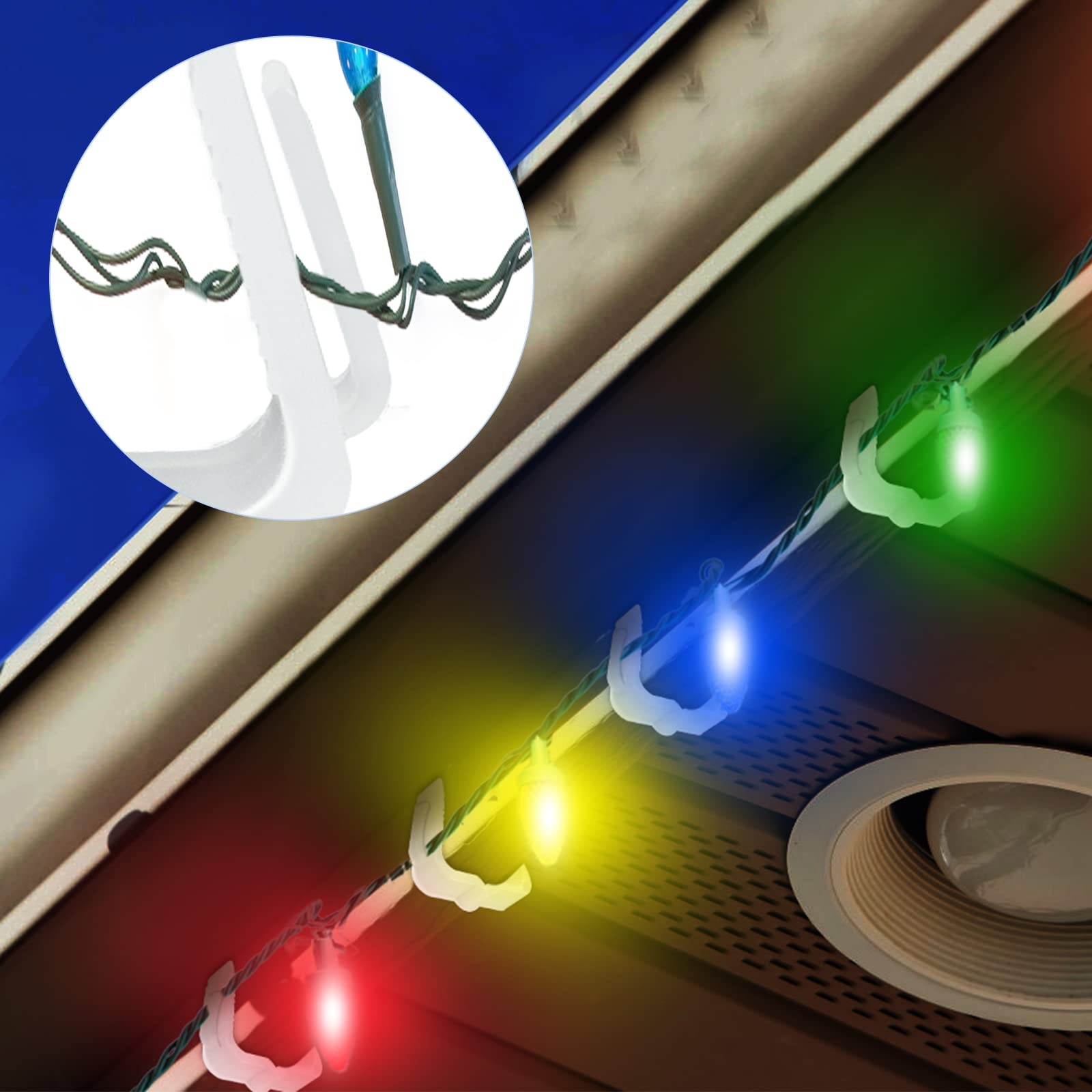 100PCS Christmas Light Clips for Fascia Board & Deck Banister - Heavy Duty Plastic Hangers for Indoor/Outdoor Holiday Lights (Fits 3/4''-7/8'' Thickness) - Perfect for Roof, Gutters & Railings