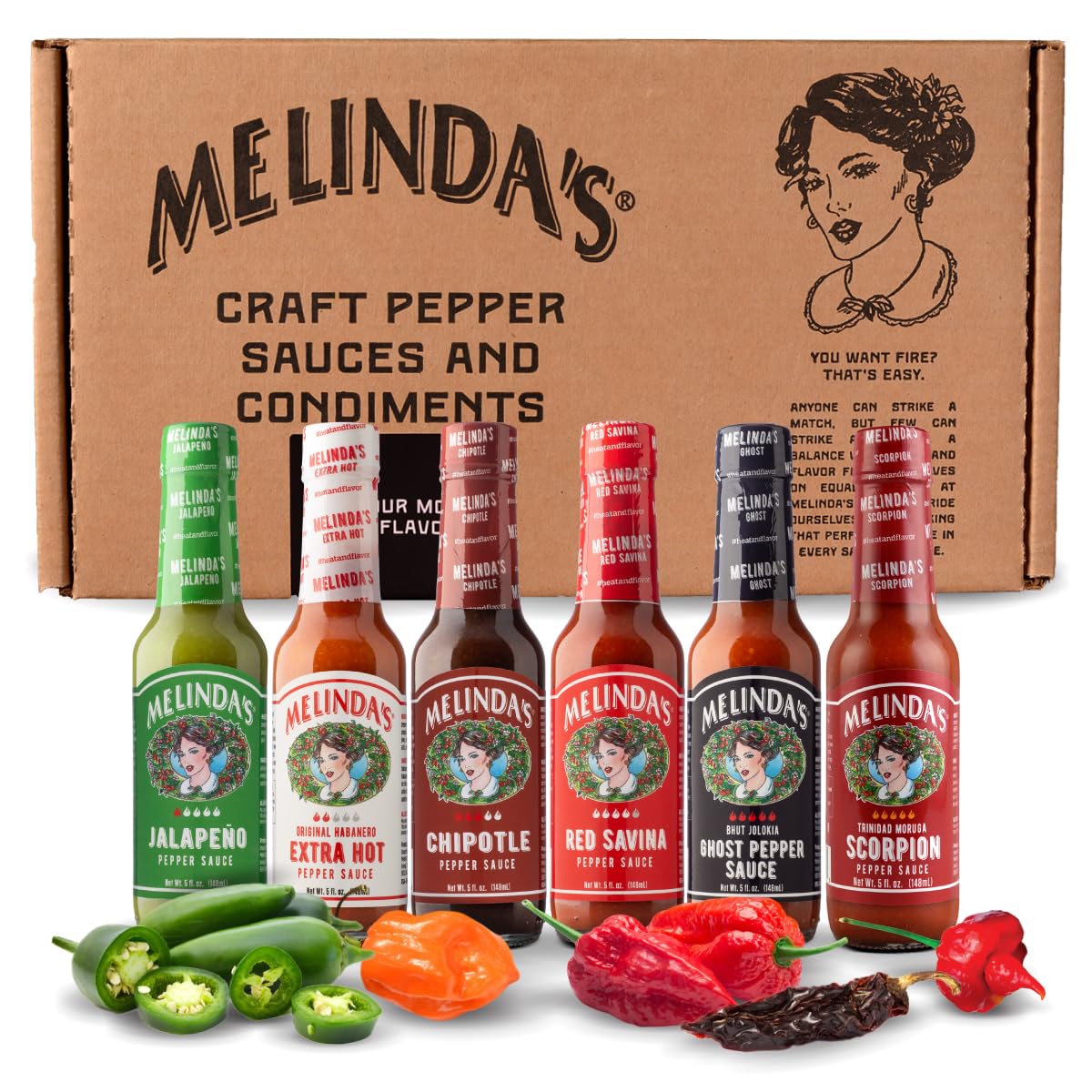 Melinda’s Extra Spicy Hot Sauce Gift Set - 6 Pack Gourmet Pepper Sauce Collection (Jalapeño, Habanero, Chipotle, Red Savina, Ghost & Scorpion) - 5oz Bottles - Perfect for Cooking, Grilling & Gifting