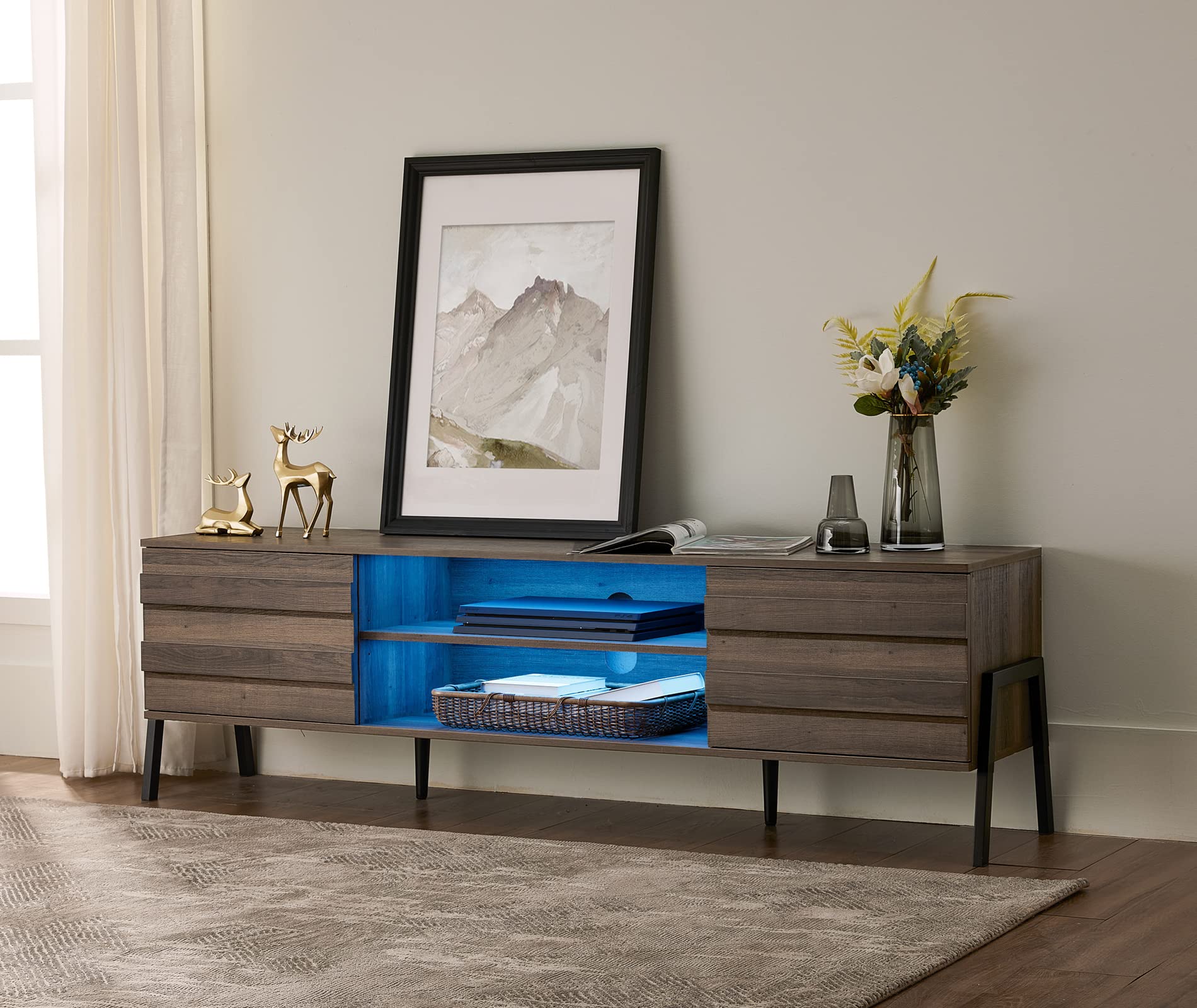 Mid-Century Modern TV Stand for 80 inch Flat Screen, Wooden TV Console with 6 Storage Shelves - Entertainment Center for Living Room & Bedroom (70 inch, Brown) | Perfect for Home Theater Setup & Stylish Media Storage