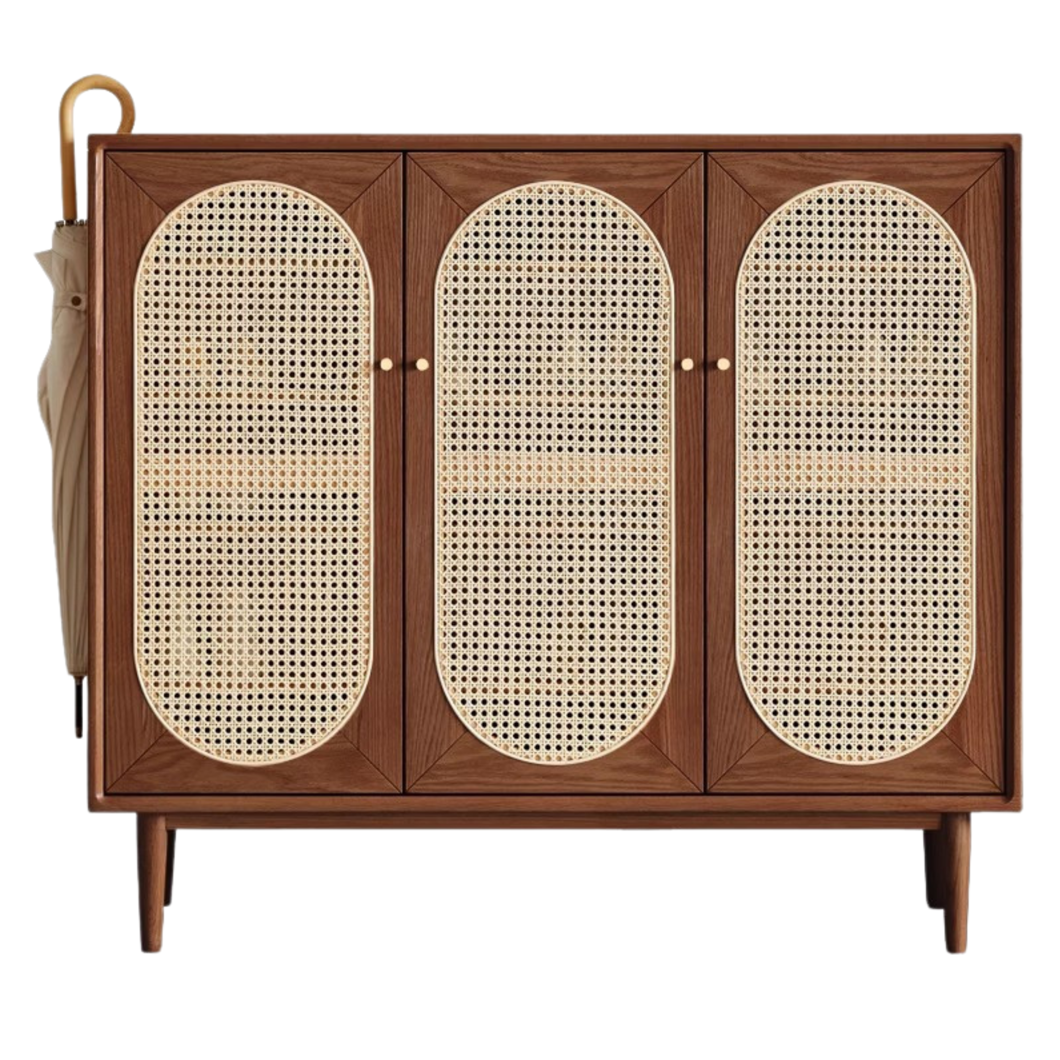 43.5x13.8x40.9 inch/ 110.5x35x104cm/ Walnut color/ rattan three-door shoe cabinet