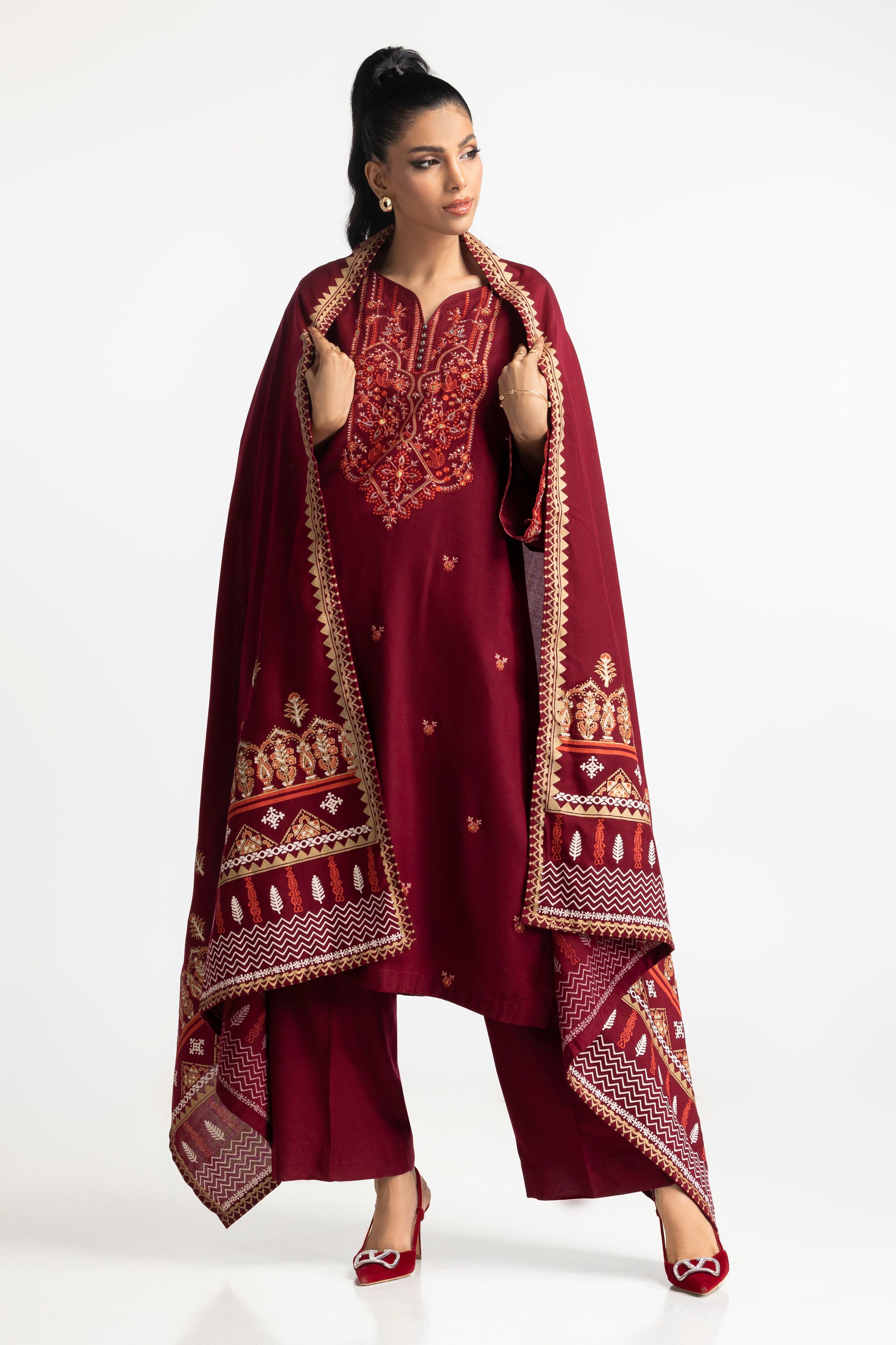 Premium Acrylic Maroon Stitched Suit by Gul Ahmed - Elegant Formal Wear for Weddings, Office & Special Occasions