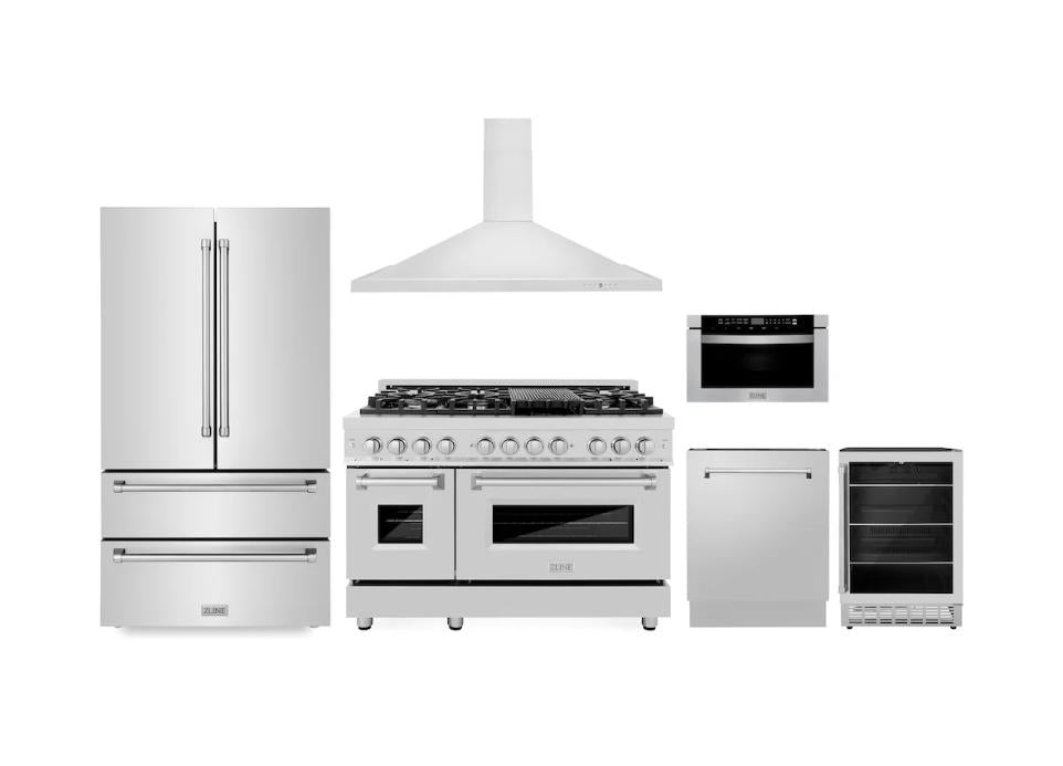ZLINE 48-Inch Stainless Steel Dual Fuel Range with Range Hood, Microwave Drawer, Dishwasher & Beverage Fridge - Complete Kitchen Package (6KPR RARH48 MWDWV RBV) - Perfect for Modern Homes & Gourmet Cooking