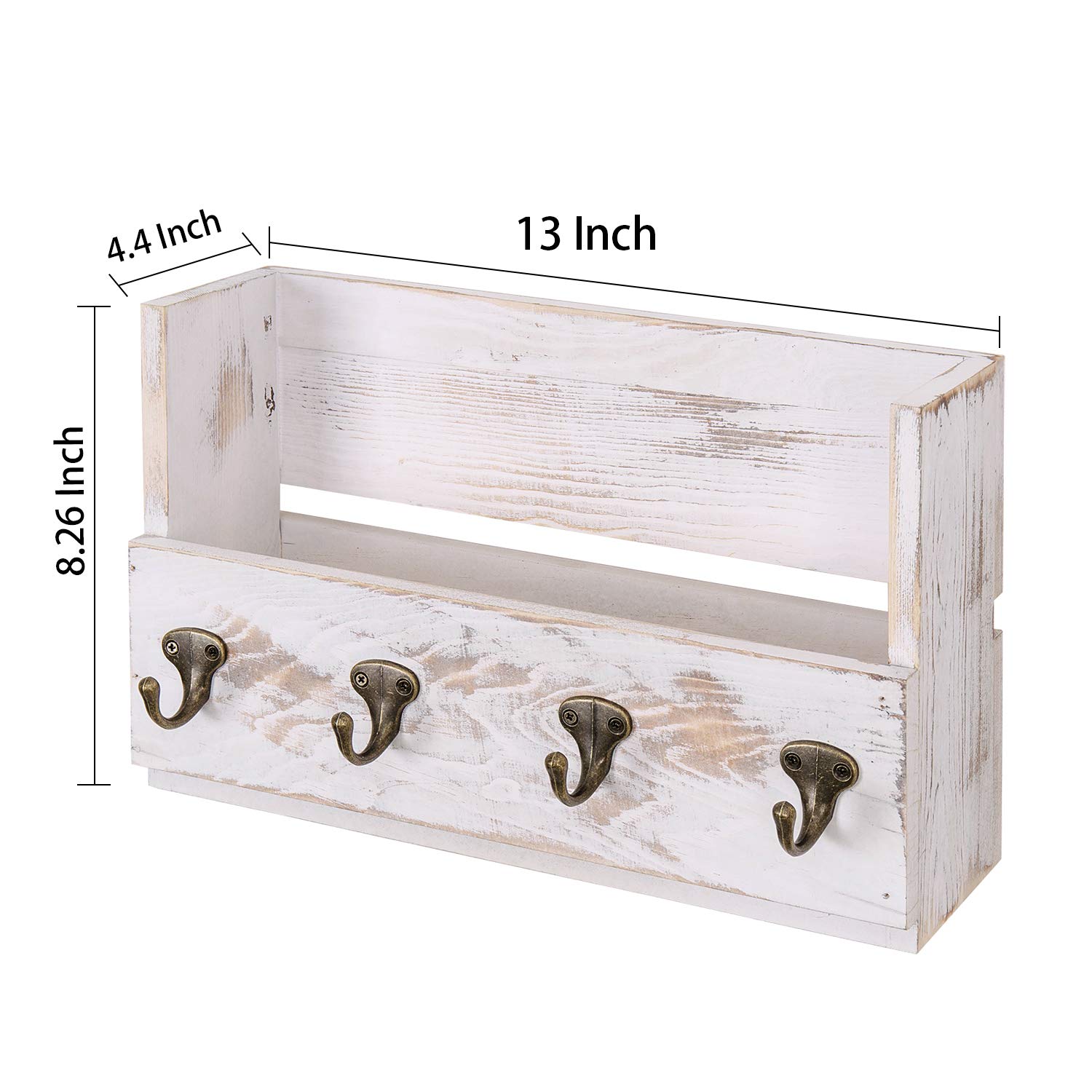 Distressed Pine Wood Wall Mounted Mail Organizer with 4 Key Hooks - Rustic Entryway, Kitchen & Office Decor - Letter Holder & Key Rack for Hallway, Foyer & Home Organization (Washed White)