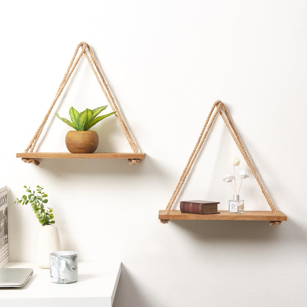 Rustic Rope Hanging Shelves Set of 3 - SAND MINE Wood Wall Floating Shelves for Living Room, Bedroom, Bathroom & Office Decor | Farmhouse Style Storage & Display Solution