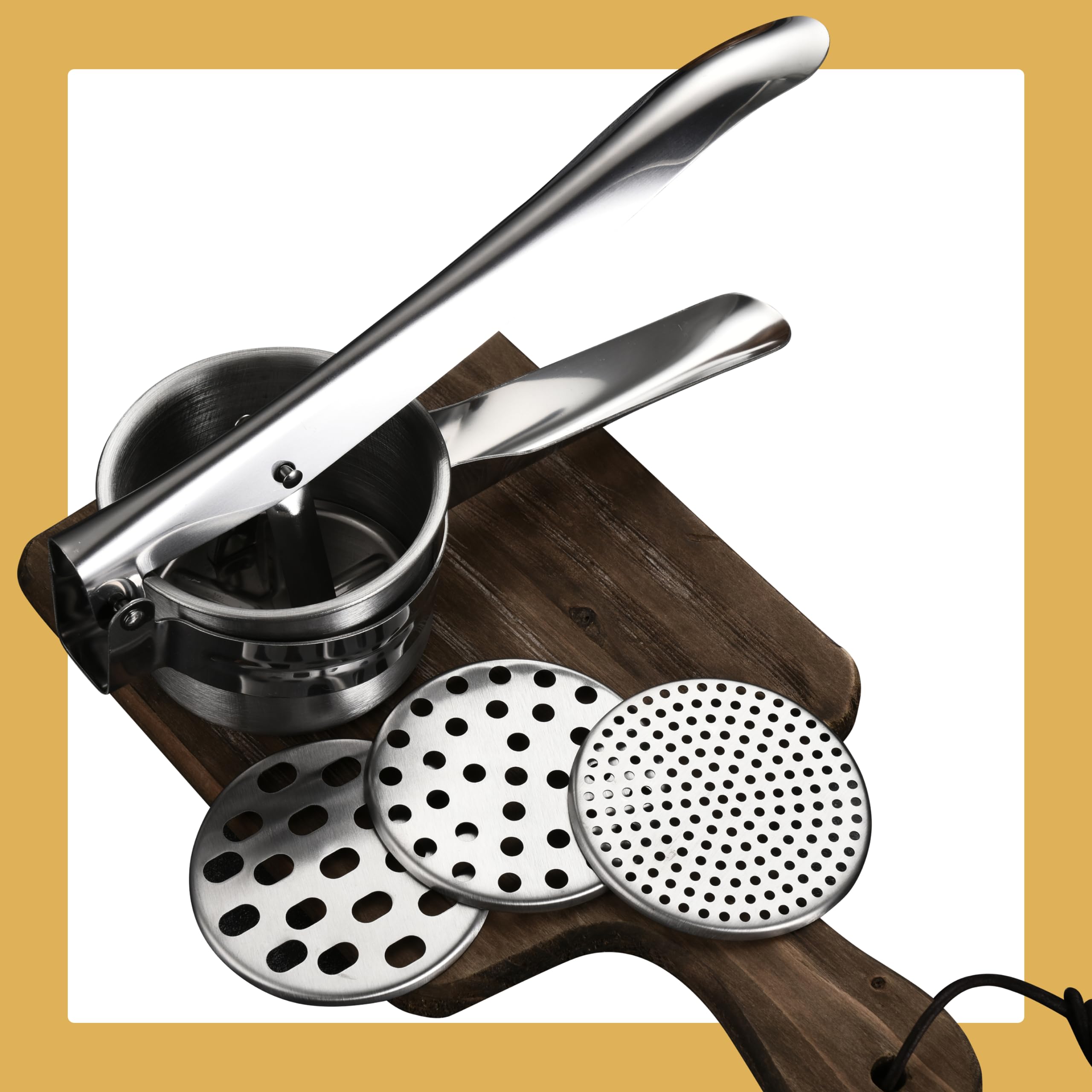 2LB Heavy Duty Potato Ricer with 3 Interchangeable Discs - Professional Potato Masher & Spaetzle Press - Perfect for Making Puree, Baby Food, Murukku & Mashed Potatoes - Durable Kitchen Gadget for Home Cooking & Meal Prep - Silver