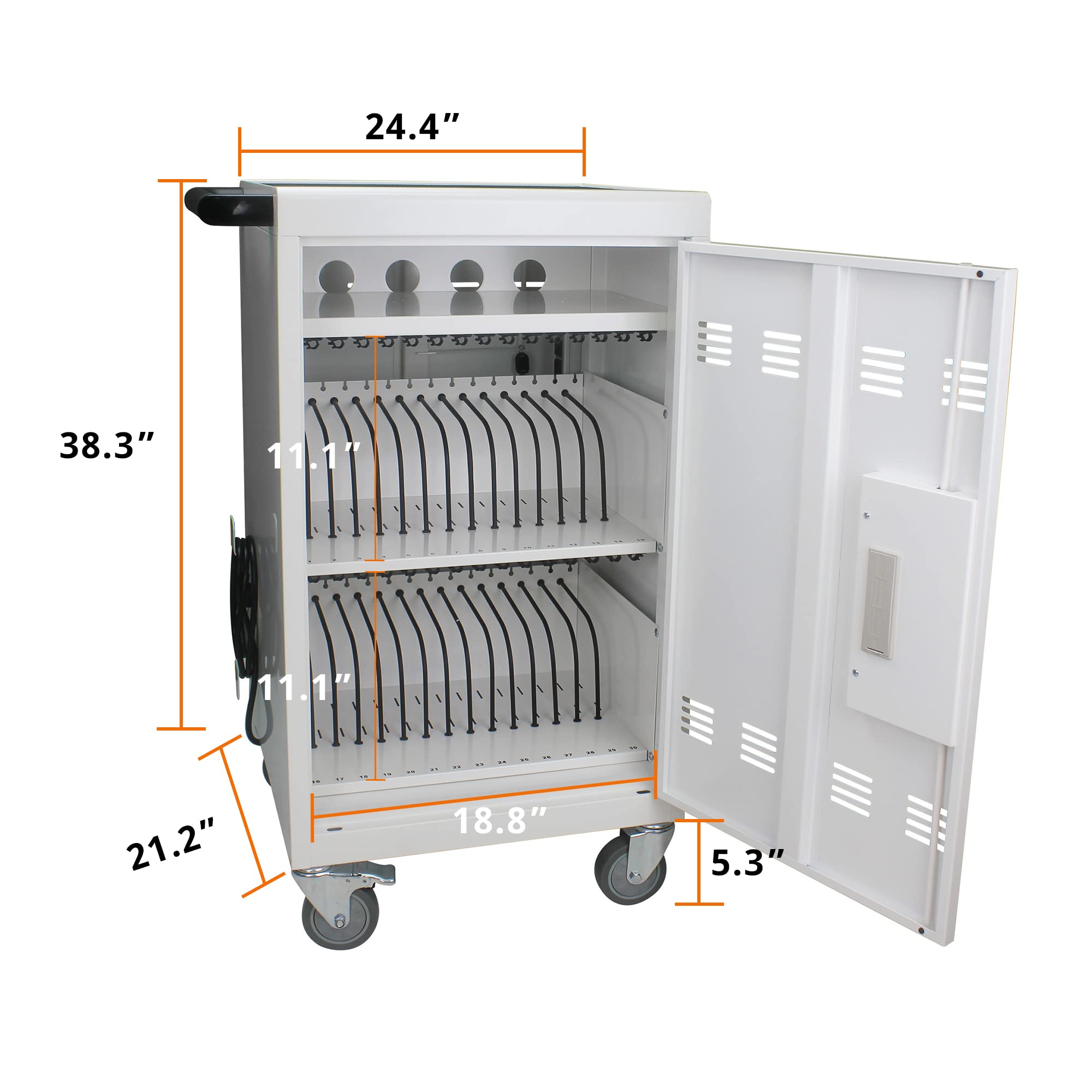 32-Port Mobile Charging Cart with Password Lock - Secure Charging Station for iPads, Chromebooks & Laptops - Lockable Front/Back Doors & Surge Protection - Ideal for Schools, Offices & Libraries