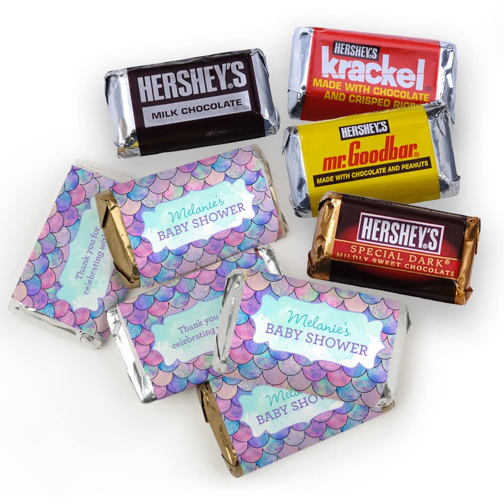 200pcs Personalized Mermaid Baby Shower Candy Kit - Custom Party Favors for Guests, Baby Shower Buffet Supplies (Miniatures, Purple Kisses, Peanut Butter Cups) - Perfect for Mermaid-Themed Baby Showers, Birthday Parties & Gender Reveals