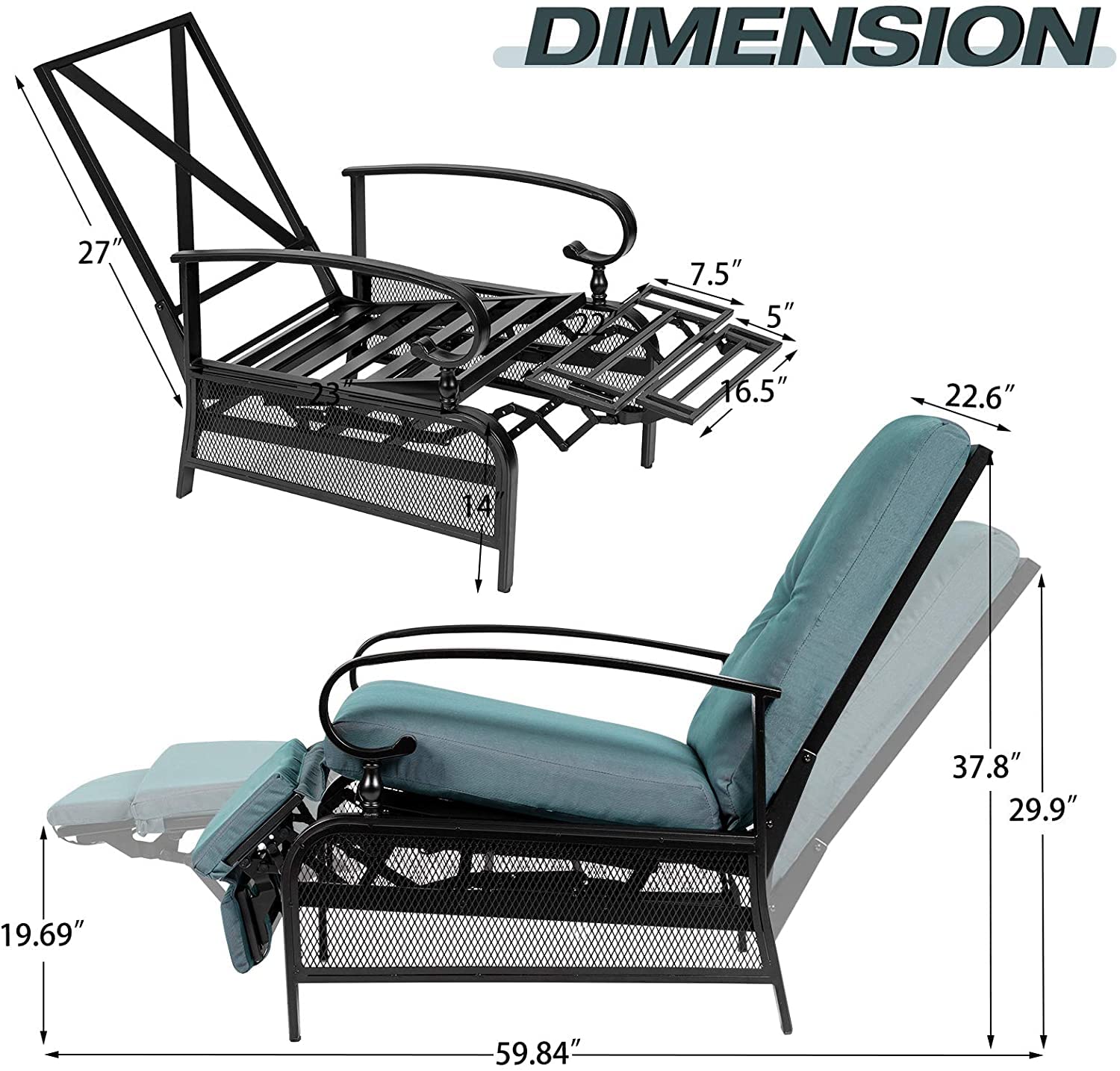 Adjustable Outdoor Lounge Chair with Removable Cushions - Patio Recliner Sofa for Garden, Poolside & Backyard - Peacock Blue - Perfect for Sunbathing, Relaxing & Outdoor Lounging
