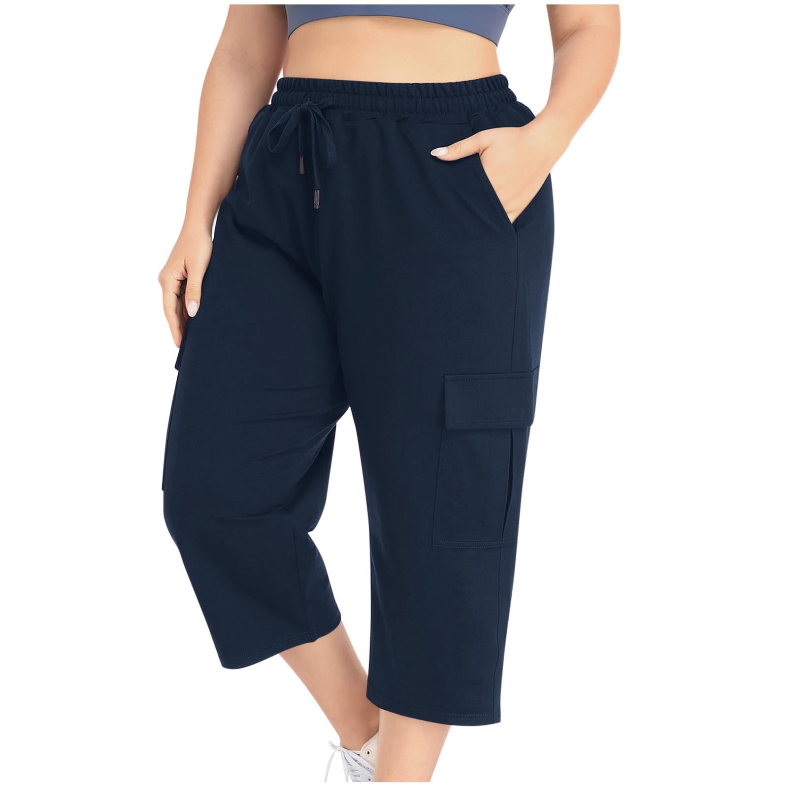 Plus Size Women's Capri Pants with Elastic Waist & Drawstring - Casual Straight Leg Cargo Pants with Pockets - Comfortable Loose Fit for Travel, Hiking & Everyday Wear