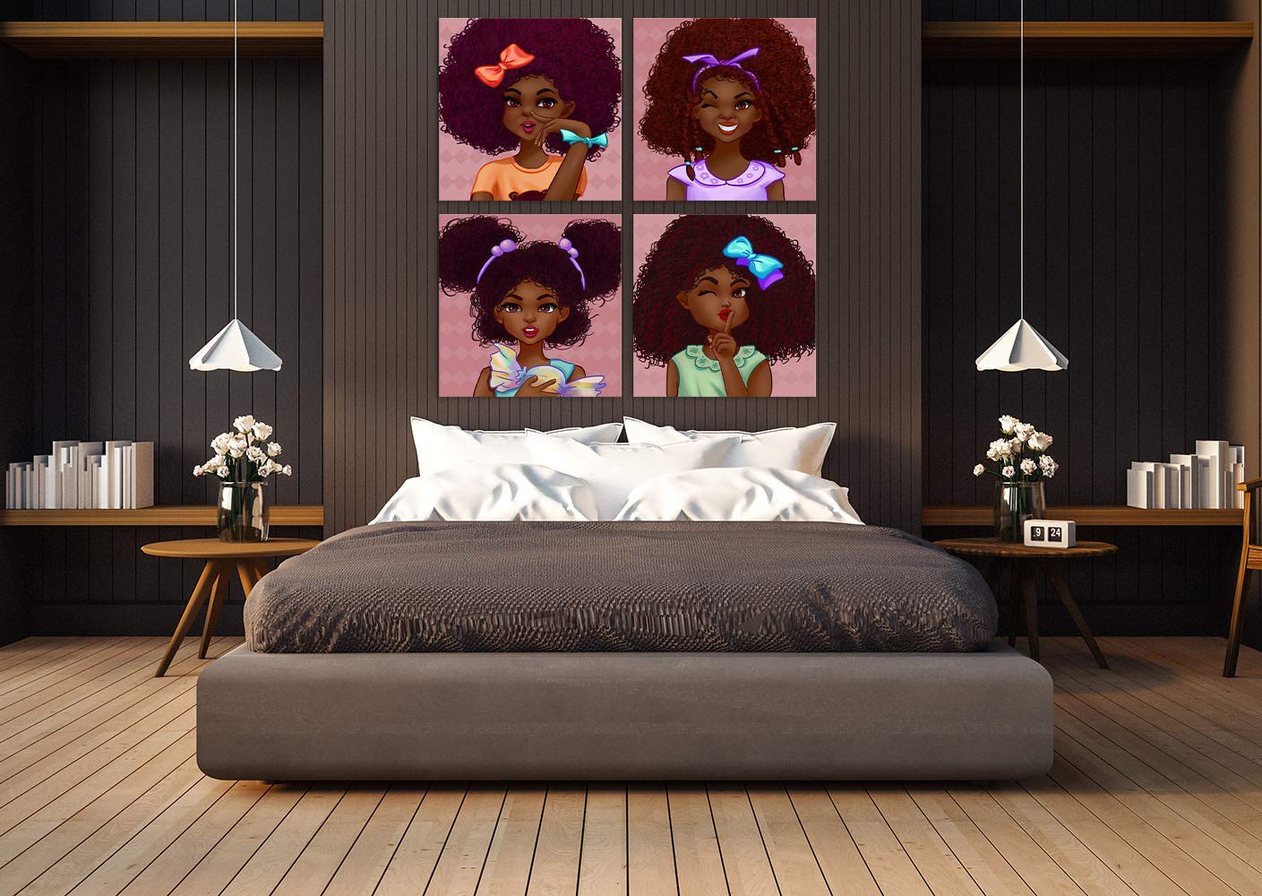 AMEMNY 4-Panel African American Girl Abstract Wall Art Painting - Modern Graffiti Style Canvas Prints for Living Room, Bedroom & Bathroom Decor - Stretched & Framed Ready to Hang (13