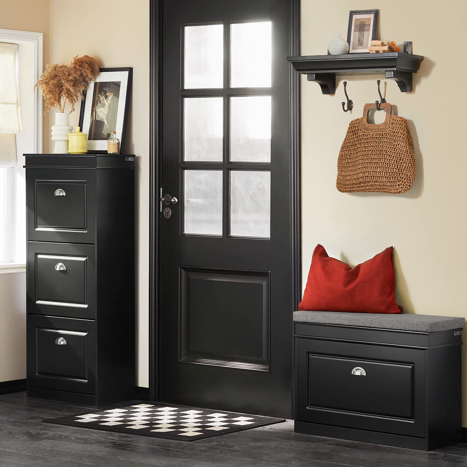 Haotian Black Narrow Shoe Bench with Flip-Drawer & Seat Cushion - Space Saving Entryway Shoe Cabinet for Hallway, Foyer or Small Apartment | FSR82-K-SCH