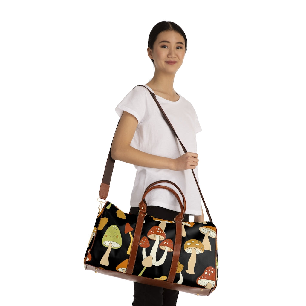Retro Mushroom Print Waterproof Overnight Travel Bag - Vintage Style Faux Leather Straps & Handles - Perfect for Weekend Getaways, Music Festivals & Boho Fashion