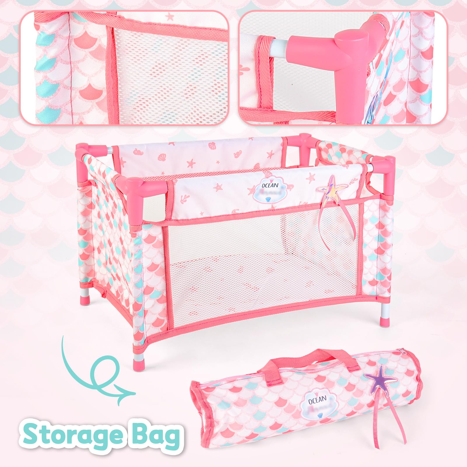 deAO Baby Doll Stroller & Crib Bed Set - Foldable Nursery Play Set with Travel Cot, Play Mat & Carry Bag - Perfect for Role Play, Birthday Gifts for Girls & Boys | Indoor Playtime, Pretend Parenting, Travel Companion