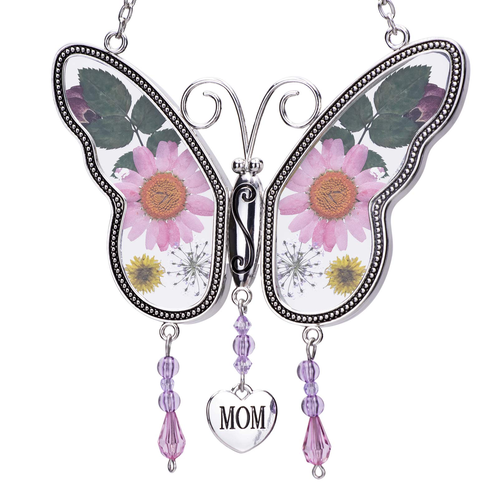 CHINMODE Pressed Flower Glass Butterfly Suncatcher with Heart Charm - Wind Chime Gift for Mother's Day, Birthday, Home & Garden Decor (Pink)