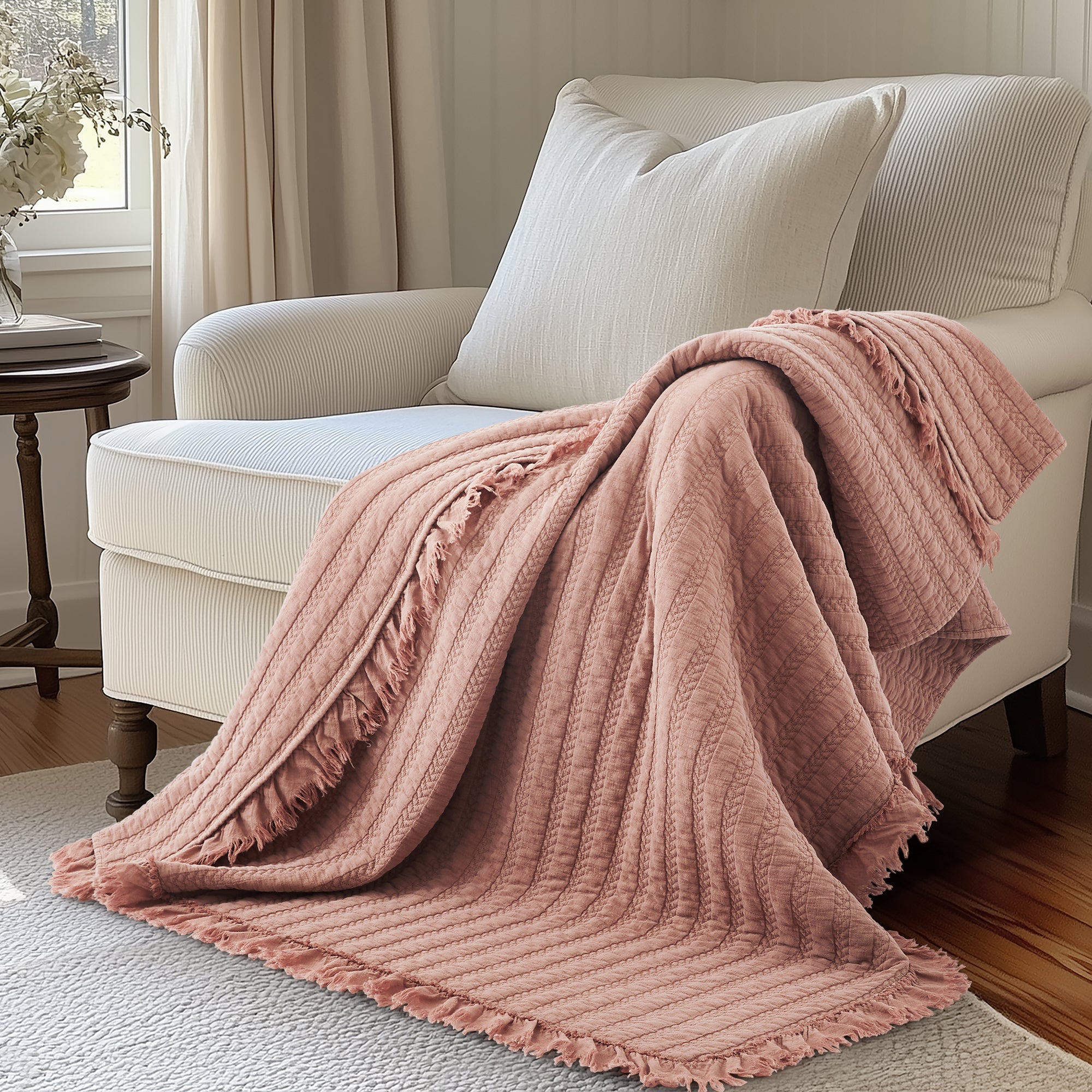 Wilhemina Dusty Rose Quilted Throw Blanket - Soft Cozy Bedspread for Couch, Bed & Sofa - Perfect for Living Room Decor, Gift & Winter Warmth