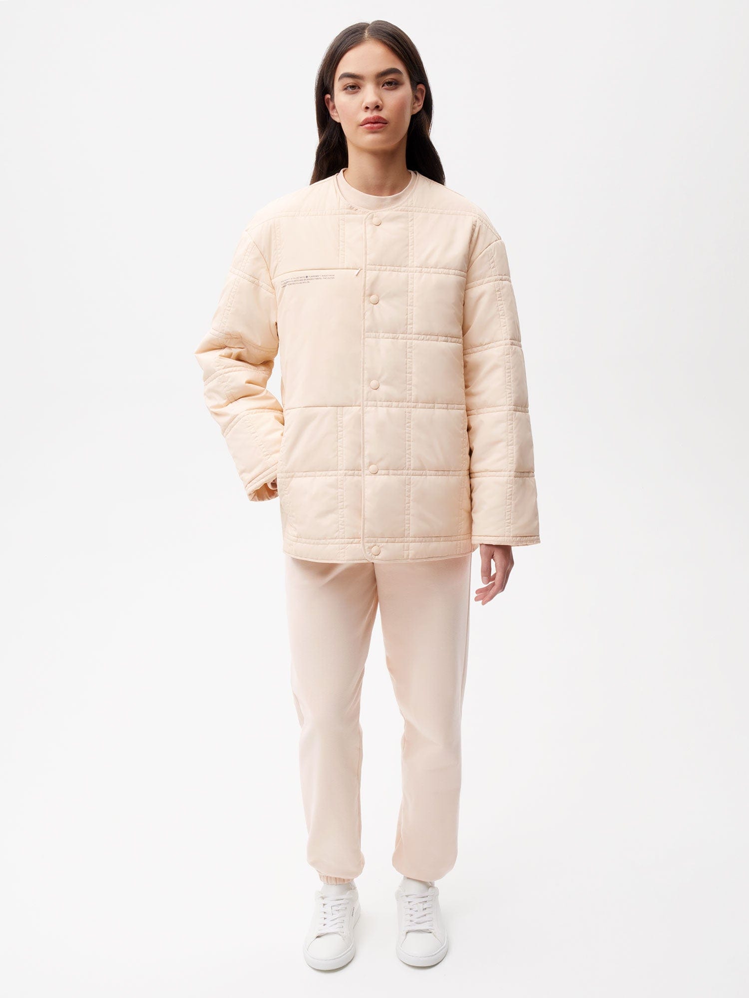 Women's Floral Quilted Collarless Jacket - Warm Winter Coat for Women, Lightweight Padded Coat with Floral Pattern, Perfect for Outdoor Activities, Travel & Daily Wear - Sand