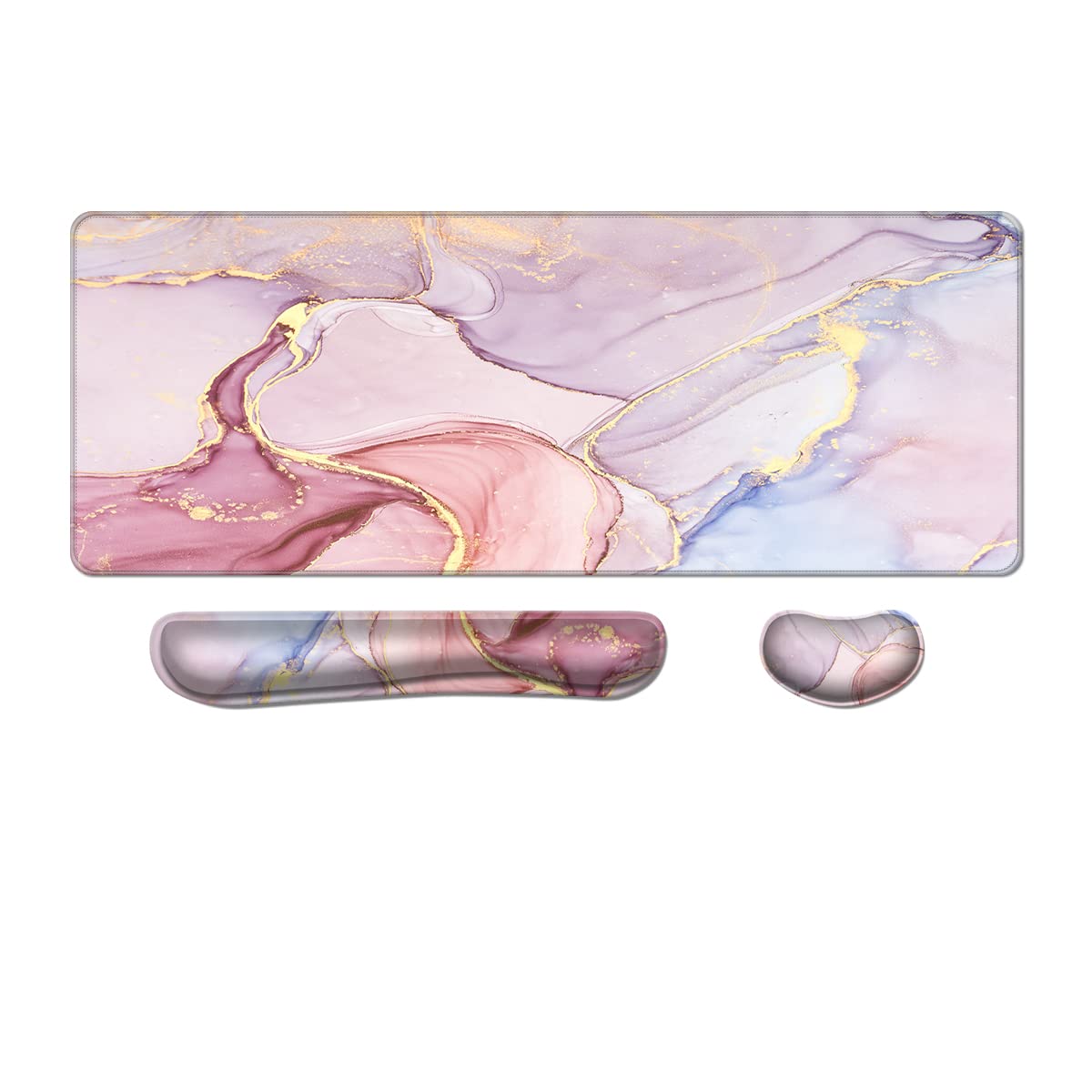 MIBITRI Gaming Mouse Pad Set - XXL Memory Foam Desk Mat with Wrist Rest for Pain Relief (Pink Gold Marble) - Perfect for PC & Office Work