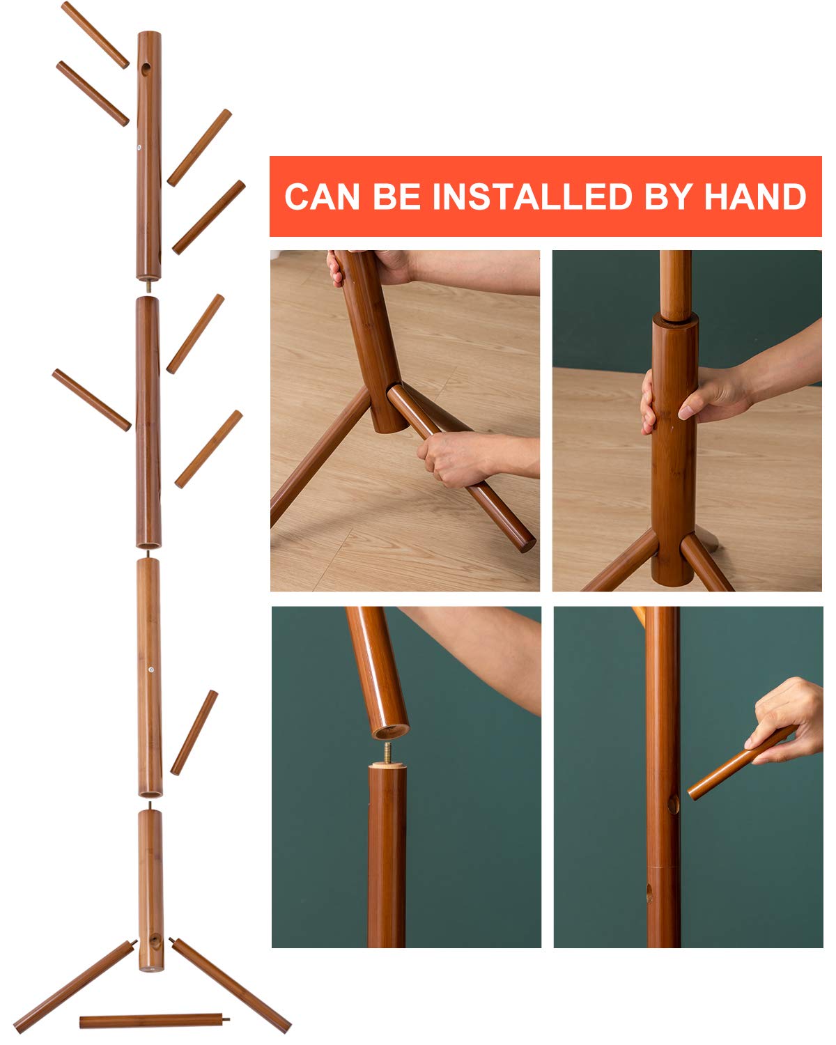BMOSU Freestanding Coat Rack Stand - 8 Hooks Bamboo Wooden Coat Tree with 3 Adjustable Height - Space Saving Jacket Hanger for Hallway, Corner, Parlor (Brown) - Perfect for Entryway, Bedroom & Closet Organization