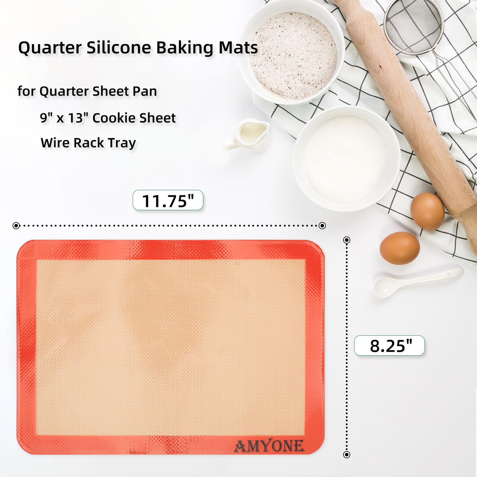 AMYONE 2-Pack Non-Stick Silicone Baking Mats - Quarter Size (9x13 Inches) for Cookie Sheets & Baking Pans | Reusable, Durable & Heat-Resistant | Perfect for Baking Cookies, Pastries, Roasting Veggies & More | Compatible with Nordic Ware Naturals Quarter Sheet Pans