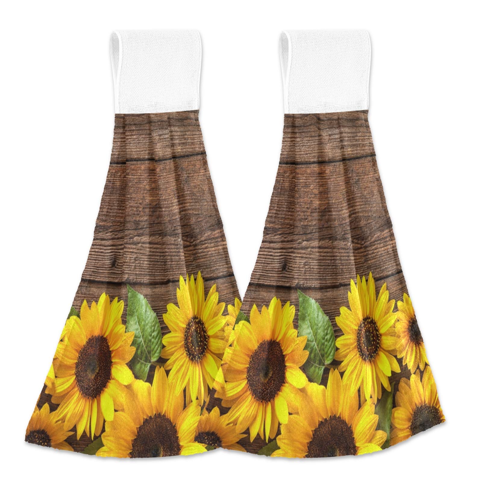 Sunflower Hanging Kitchen Towels Set of 2 - Soft Absorbent Wooden Hand Tie Dish Cloths for Tea Bar, Bathroom & Laundry Room - Spring Summer Autumn Yellow Floral Decor for Home & Kitchen