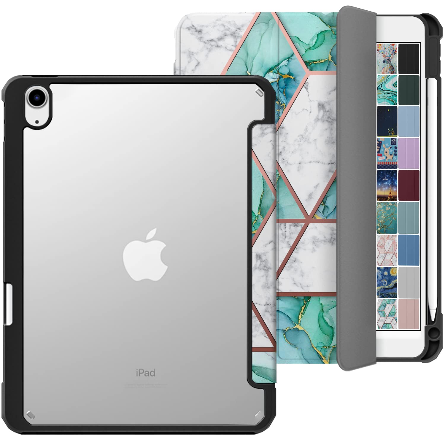 DuraSafe Clear Transparent TPU Case with Pencil Holder for iPad Air 11 (6th/5th/4th Gen 2024/2022/2020) - Shockproof Protective Cover with Green Marble Design - Perfect for Work, School & Travel