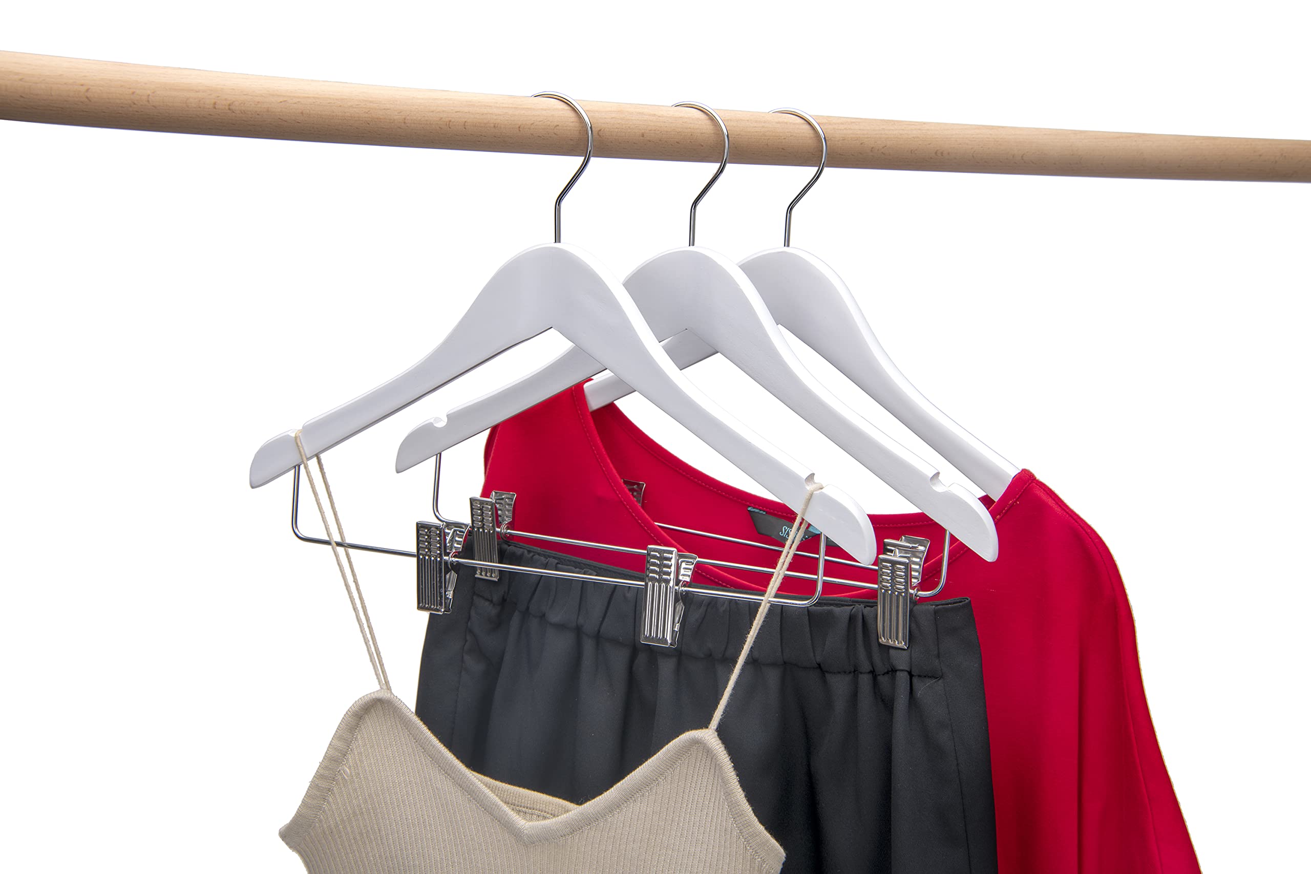20 Pack Kids Skirt Hangers 14 Inches - Premium Wooden Clothes Hanger with Curved Shoulder, Swivel Chrome Hook & Adjustable Metallic Clips for Junior/Preteen/Youth | Non-Slip Notches, White | Perfect for Closet Organization, School Uniforms & Delicate Garments