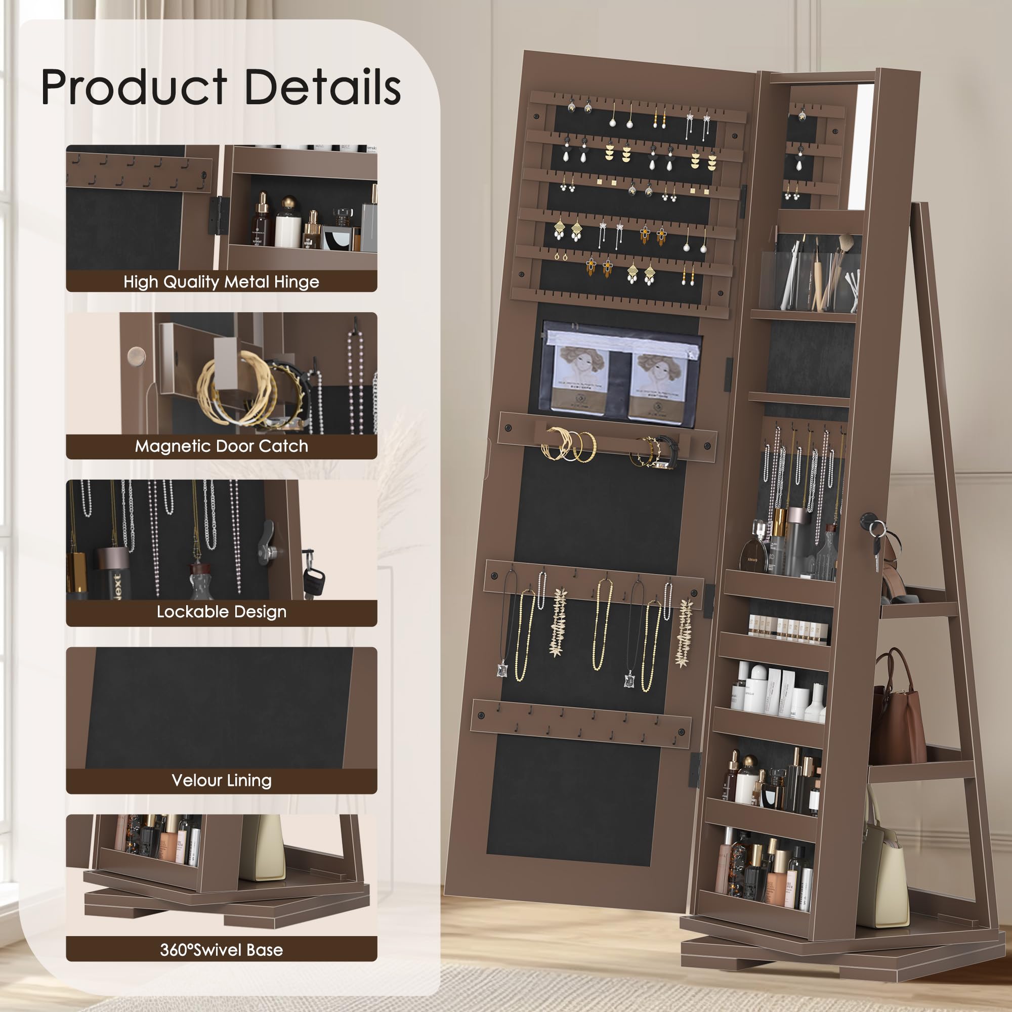 DlandHome Lockable Jewelry Cabinet with Full-Length Mirror - Jewelry Organizer with Storage Shelves & Built-in Small Mirror - Jewelry Armoire for Bedroom, Closet & Dressing Room (Model QH-7021C-BW)