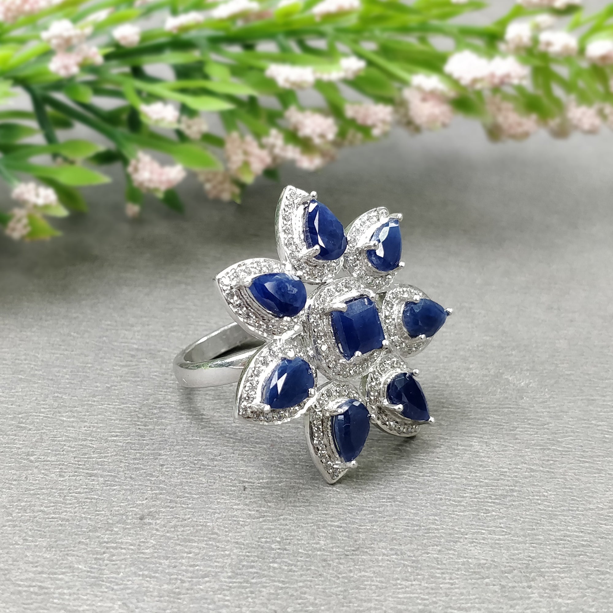 925 Sterling Silver Jewelry Set - Natural Blue Sapphire & Cubic Zirconia Flower Bridal Ring & Earrings for Wedding, Anniversary, Engagement | Perfect Gift for Her