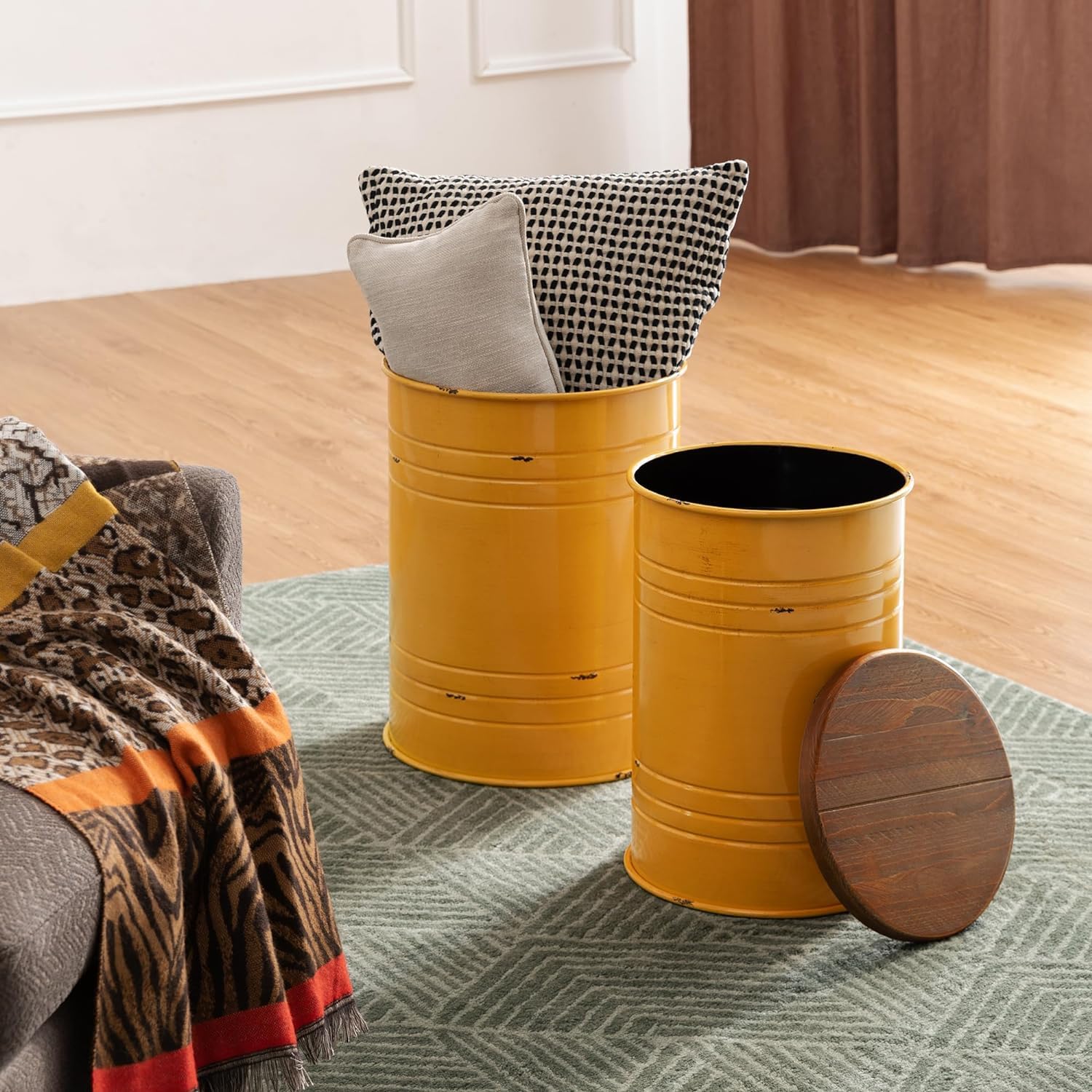 Glitzhome 2-Piece Farmhouse Nesting Tables with Storage Lids - Rustic Metal Barrel Side End Tables for Living Room, Bedroom, Office - Yellow Accent Stools | Perfect for Small Spaces, Coffee Table Alternatives & Home Decor