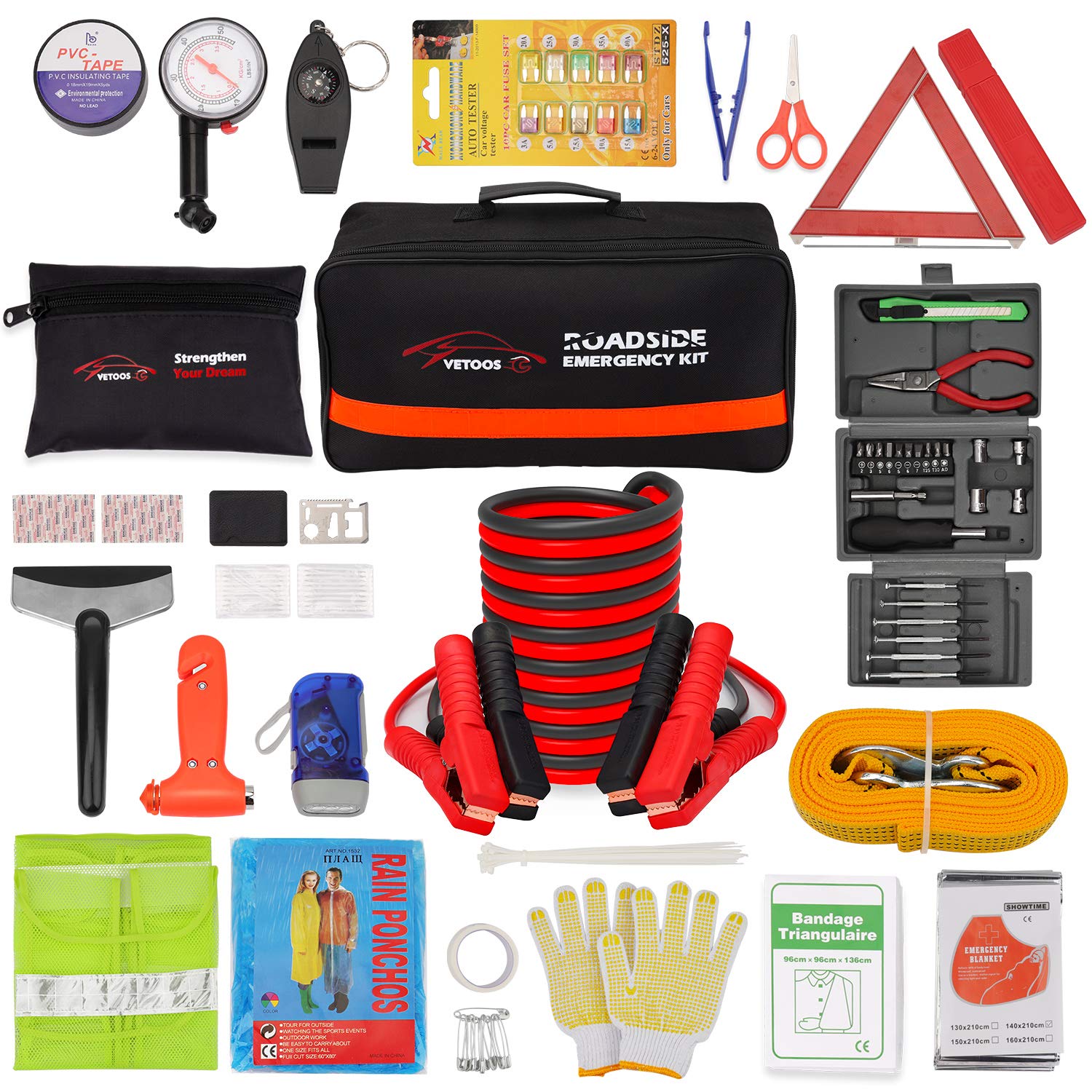 Vetoos 120-Piece Roadside Emergency Car Kit with Jumper Cables, Tire Pressure Gauge & Mini Tools - Auto Safety Essentials for Winter & All Seasons - Perfect for Road Trips, Commuting & Vehicle Emergencies