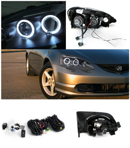Spec-D Tuning Black Halo LED Projector Headlights + Smoke Fog Lights for 2002-2004 Acura RSX - Left & Right Pair Headlamp Assembly - Upgrade Your Car's Style & Night Visibility for Street Racing or Daily Driving
