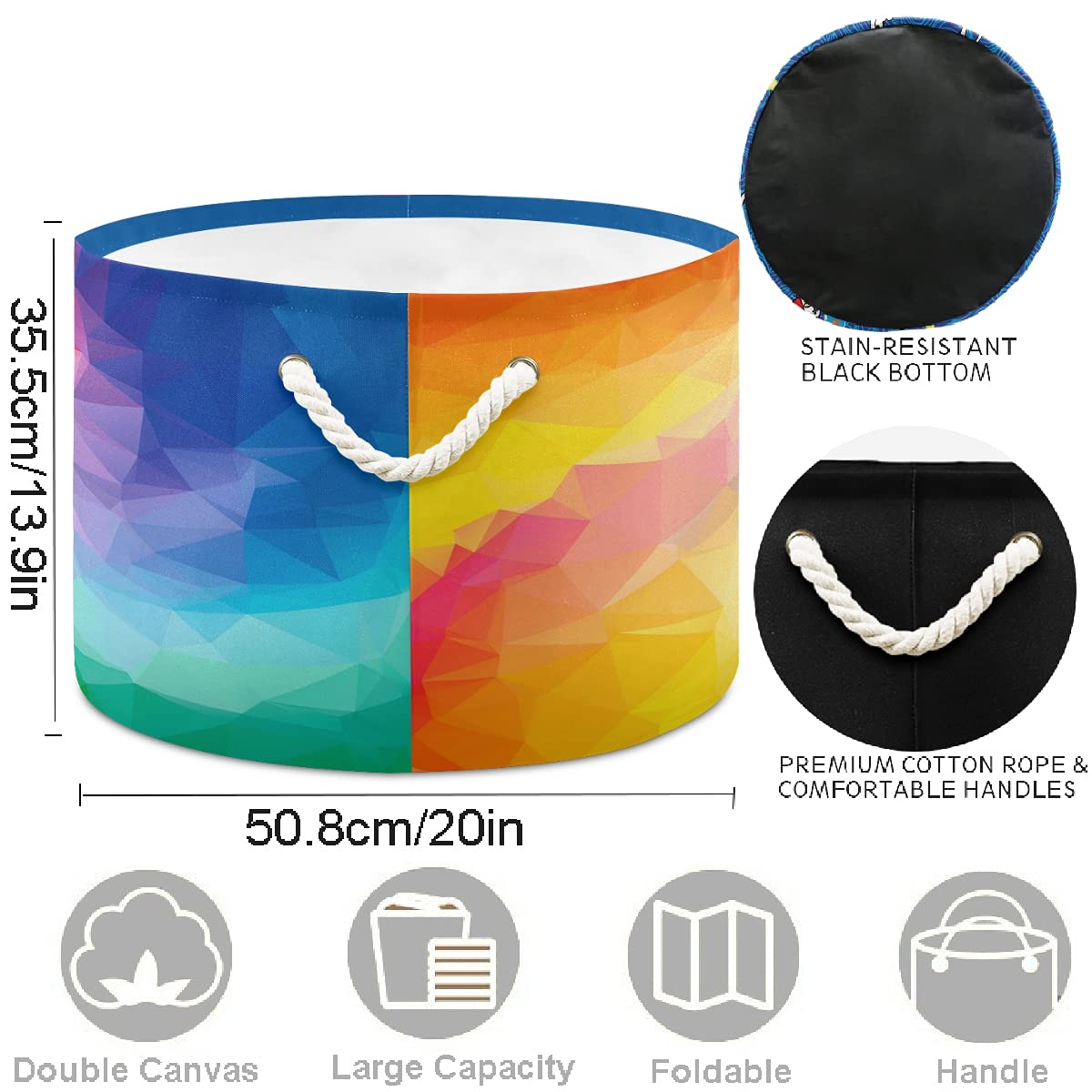 Colorful Swirl Rainbow Polygon Laundry Basket - Collapsible Fabric Storage Bin for Clothes, Toys & Organizing - Perfect for Bathroom, Bedroom, Nursery, Closet & Office Use