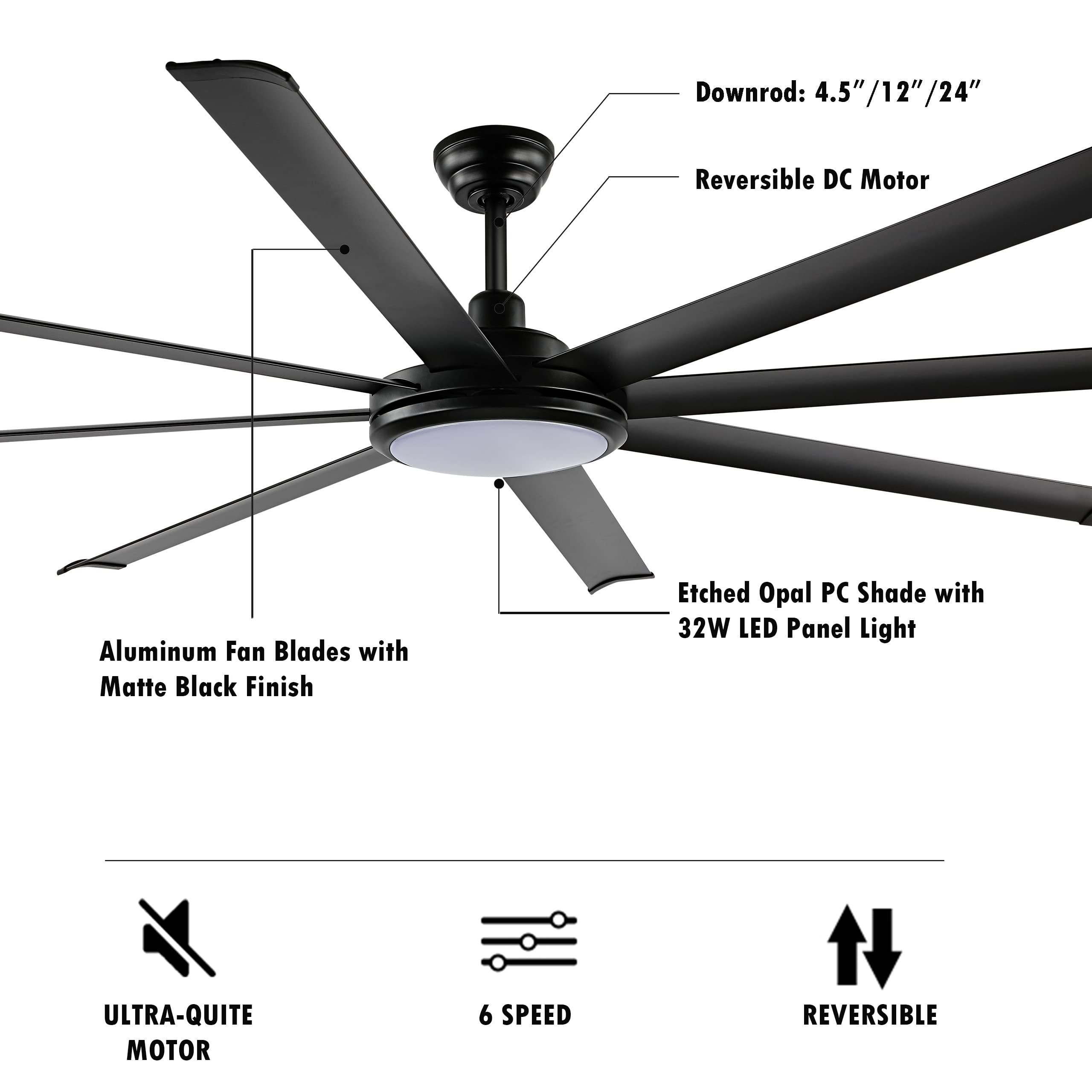 WINGBO 80 Inch Modern Ceiling Fan with Light Kit & Remote Control - Matte Black Finish, 3 Downrod Options, 8 Reversible Blades, 6-Speed Quiet DC Motor - Perfect for Kitchen, Bedroom, Living Room, Dining Room & Office Spaces