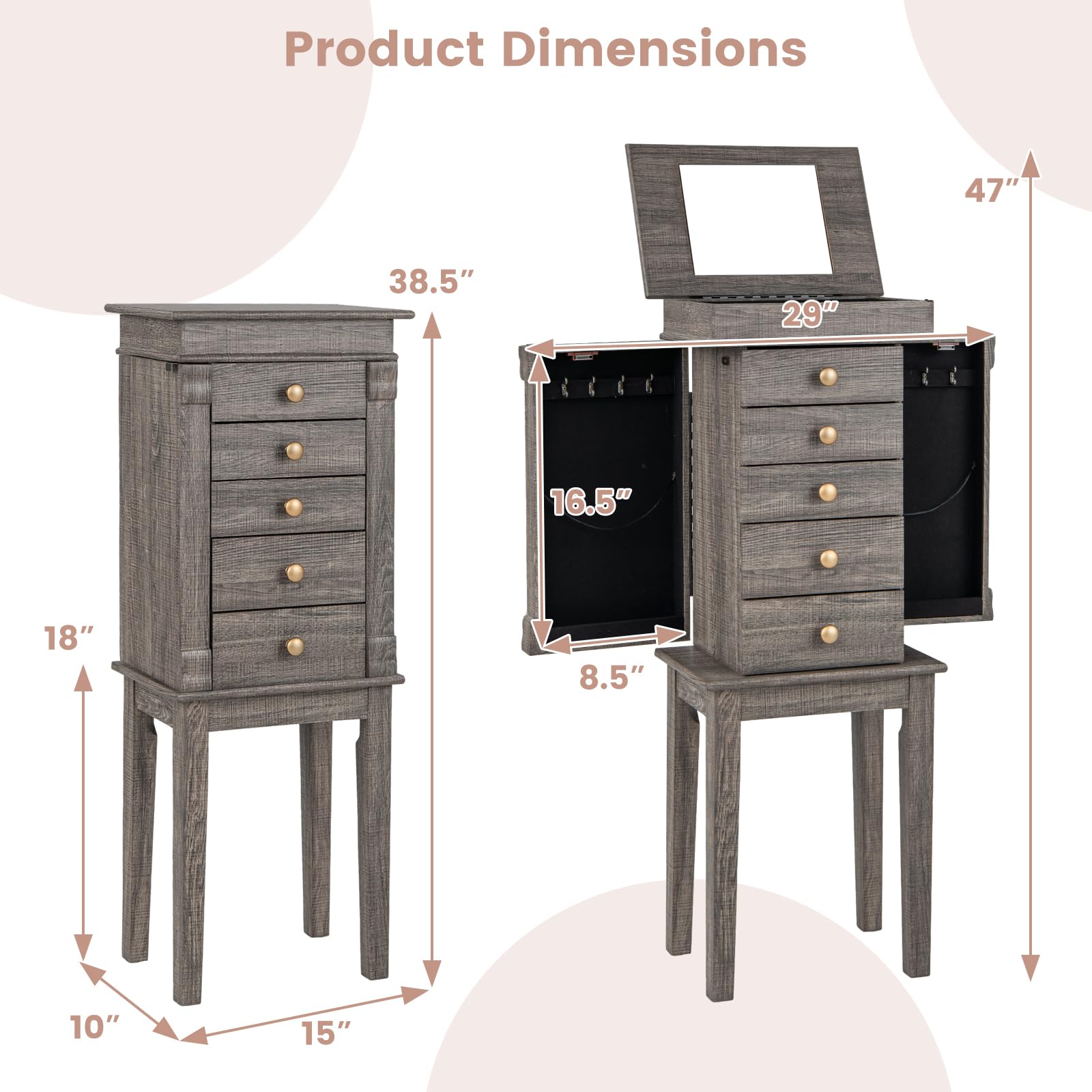Giantex Wooden Jewelry Storage Cabinet with 5 Drawers & 8 Necklace Hooks - Standing Jewelry Armoire with Flip Mirror, 4 Compartments & 2 Side Doors - Antique Washed Gray Finish - Perfect for Bedroom, Closet & Dressing Room Organization