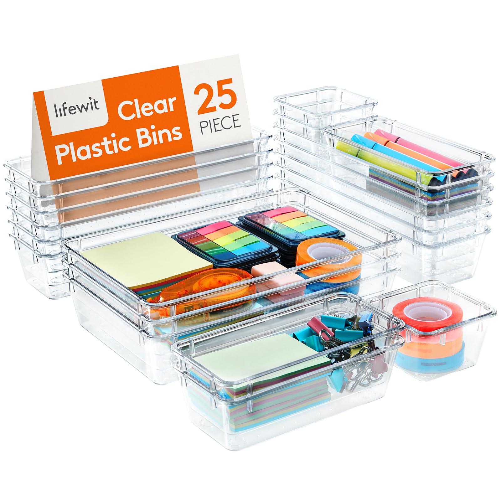 Lifewit 25-Piece Clear Plastic Drawer Organizer Set - 4 Sizes Adjustable Desk Drawer Dividers for Makeup, Kitchen Utensils & Vanity Accessories - Perfect for Office, Bathroom & Bedroom Organization (Space-Saving Storage Solution)