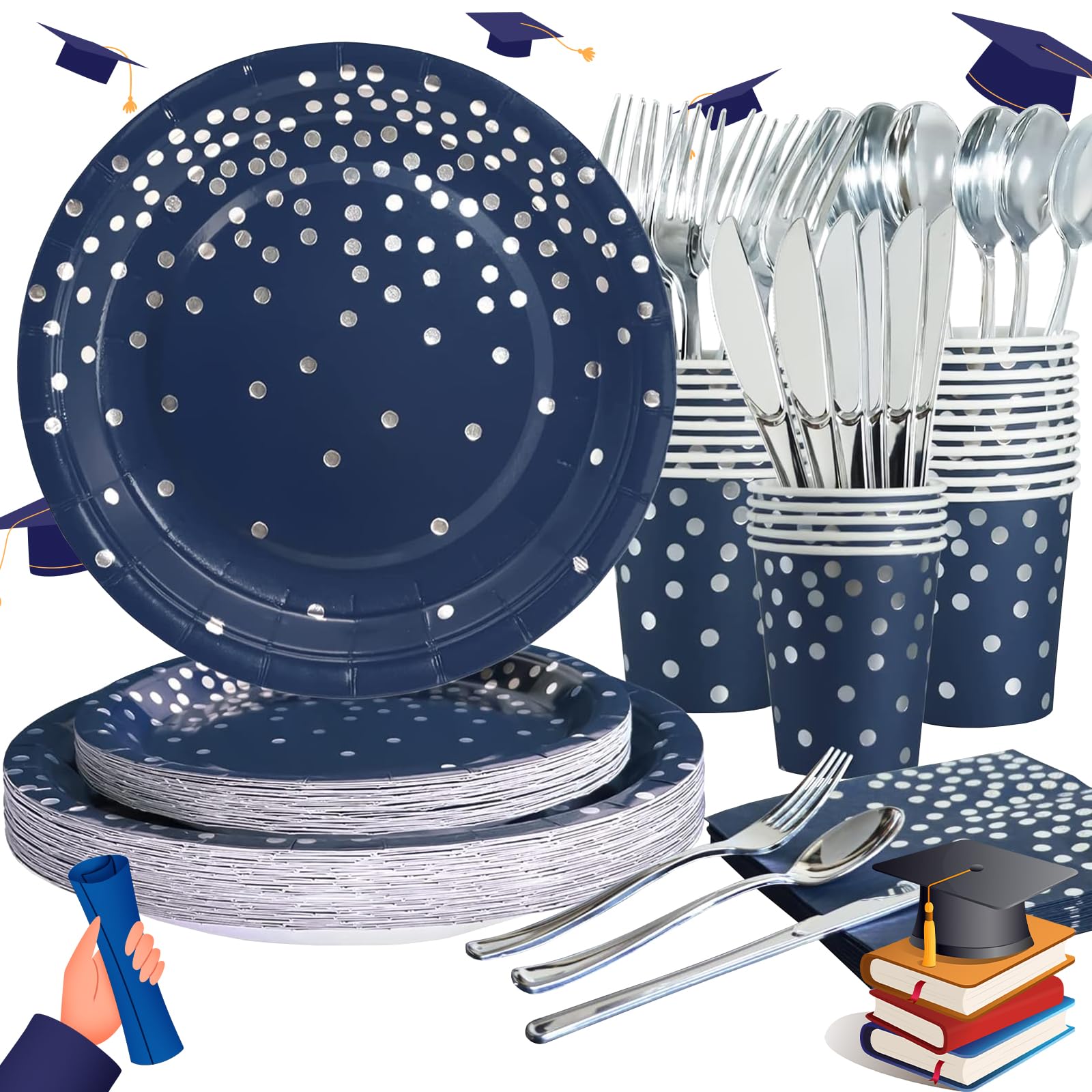 168-Piece Blue & Silver Party Decorations Set - Navy Blue Plates & Napkins for Birthday, Hanukkah & Holiday Celebrations | Perfect for Home Parties, Office Events & Festive Gatherings