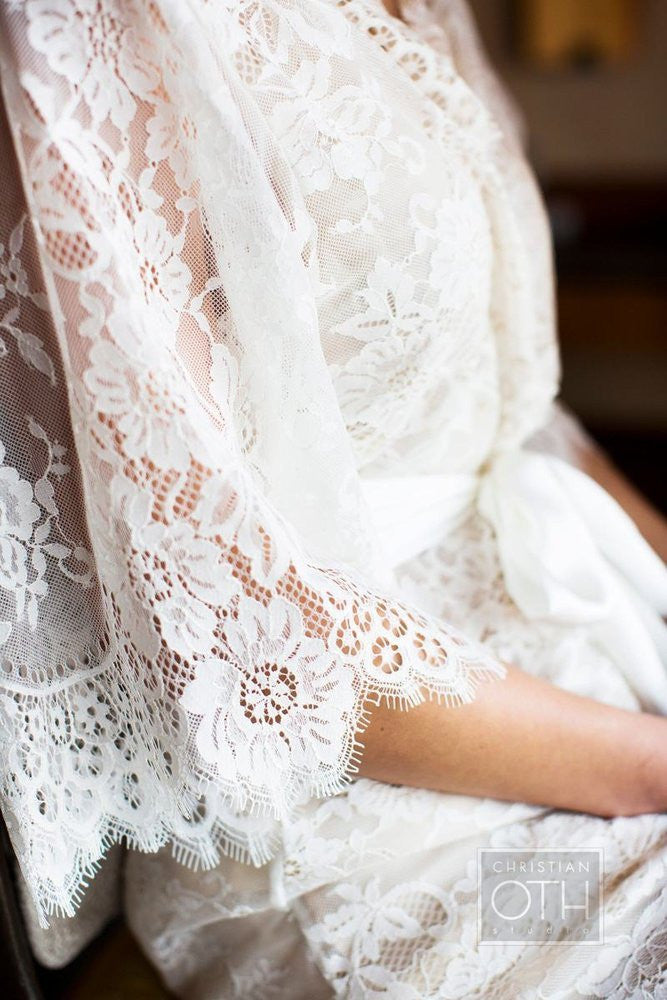 Swan Queen Ivory Silk & Lace Kimono Robe with Nude Lining - Style 104SH | Elegant Loungewear for Bridal Shower, Honeymoon & Special Occasions